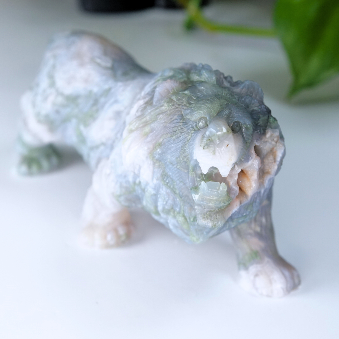 Druzy Moss Agate Boutique Lion Carving | Statement Piece