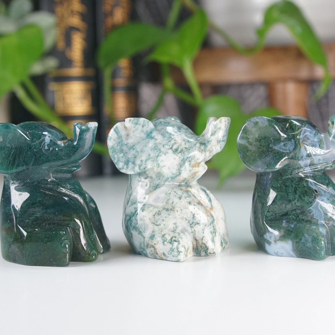 Moss Agate Small Sitting Elephant Carving | Pick Your Favorite