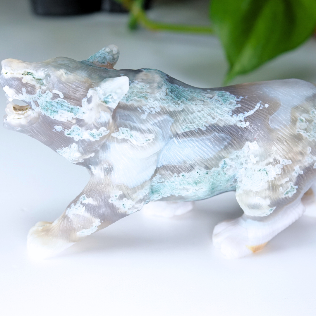 Druzy Moss Agate Boutique Wolf Carving | REPAIRED (Please See Notes)