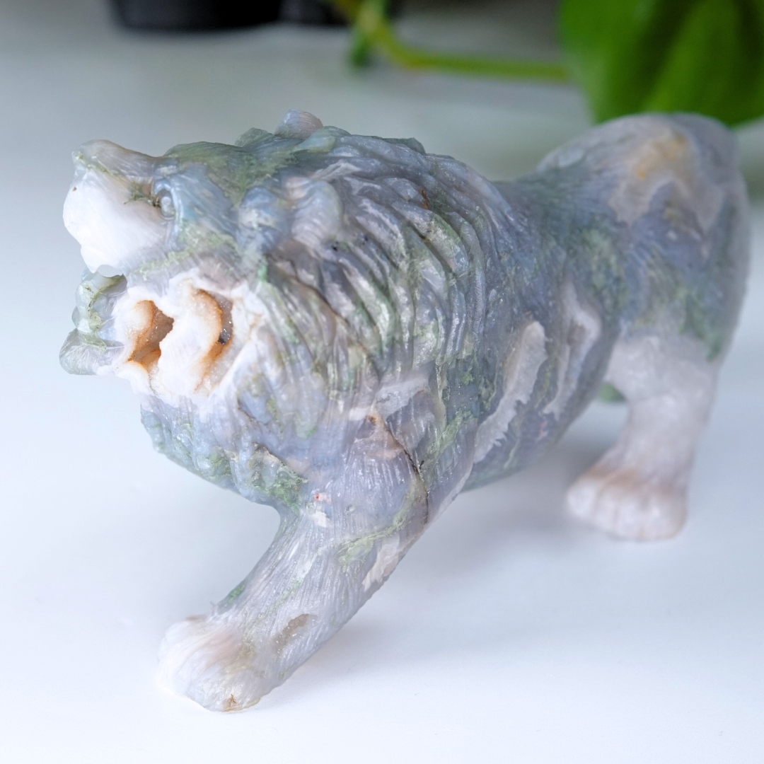 Druzy Moss Agate Boutique Lion Carving | Statement Piece
