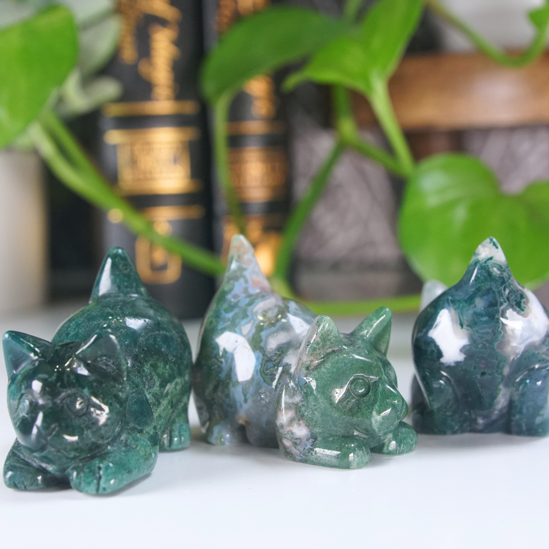 Moss Agate Small Cat Carving | Pick Your Favorite