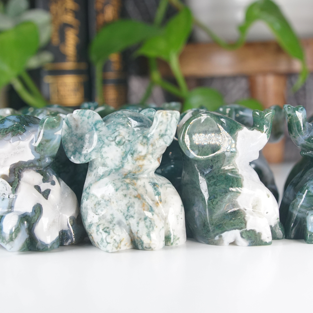 Moss Agate Small Sitting Elephant Carving | Pick Your Favorite