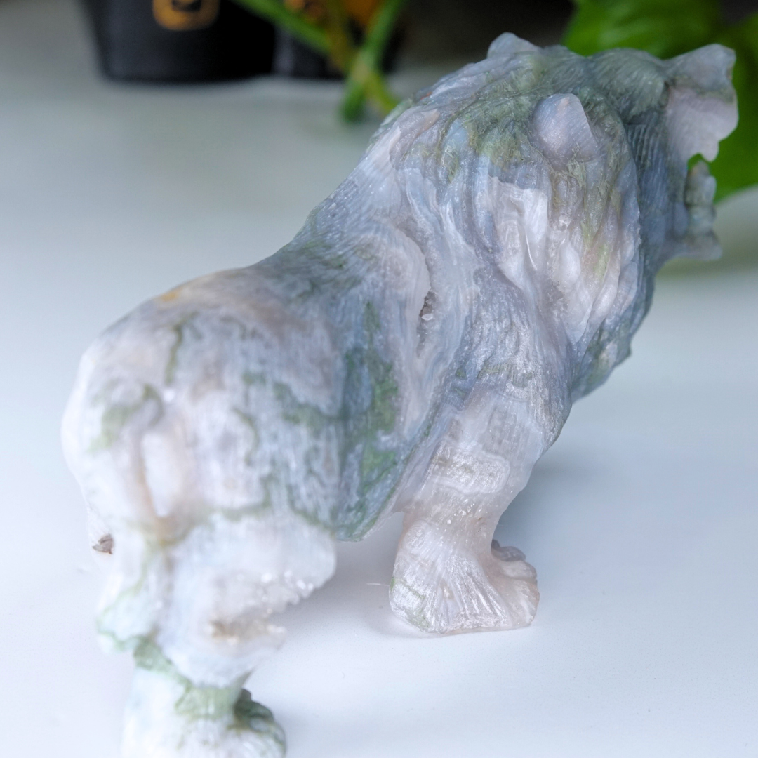 Druzy Moss Agate Boutique Lion Carving | Statement Piece