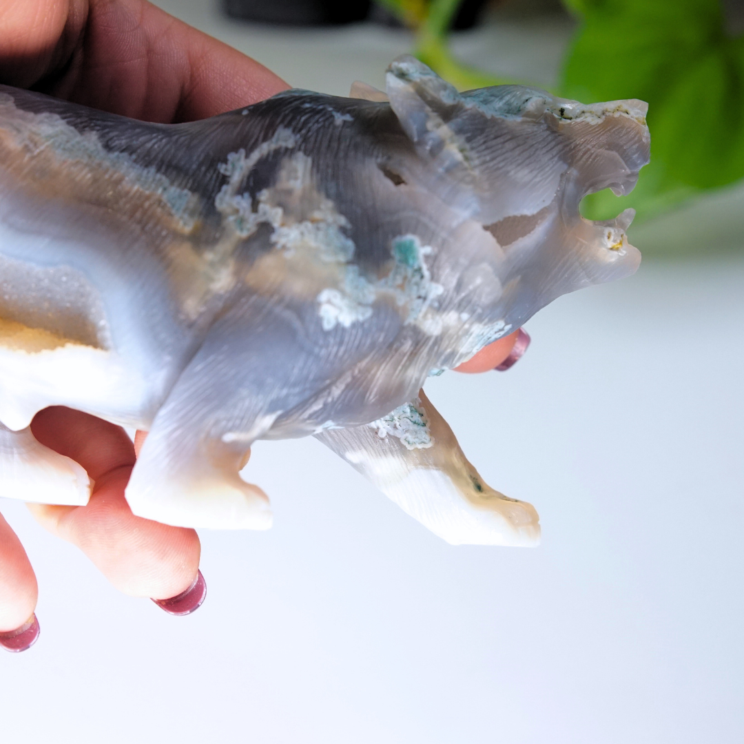 Druzy Moss Agate Boutique Wolf Carving | REPAIRED (Please See Notes)