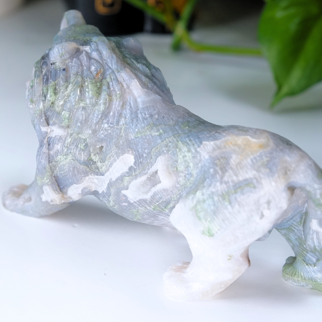 Druzy Moss Agate Boutique Lion Carving | Statement Piece