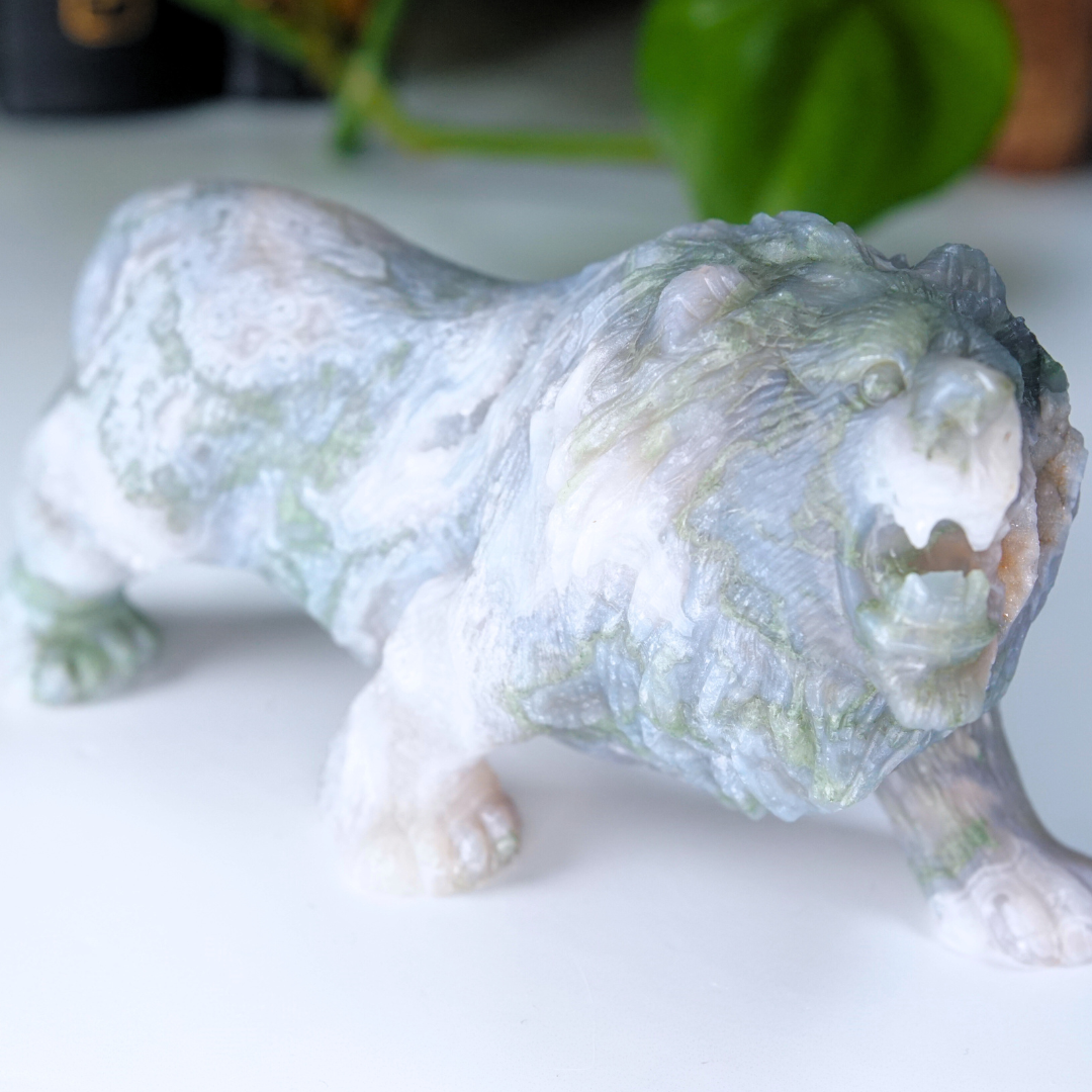 Druzy Moss Agate Boutique Lion Carving | Statement Piece