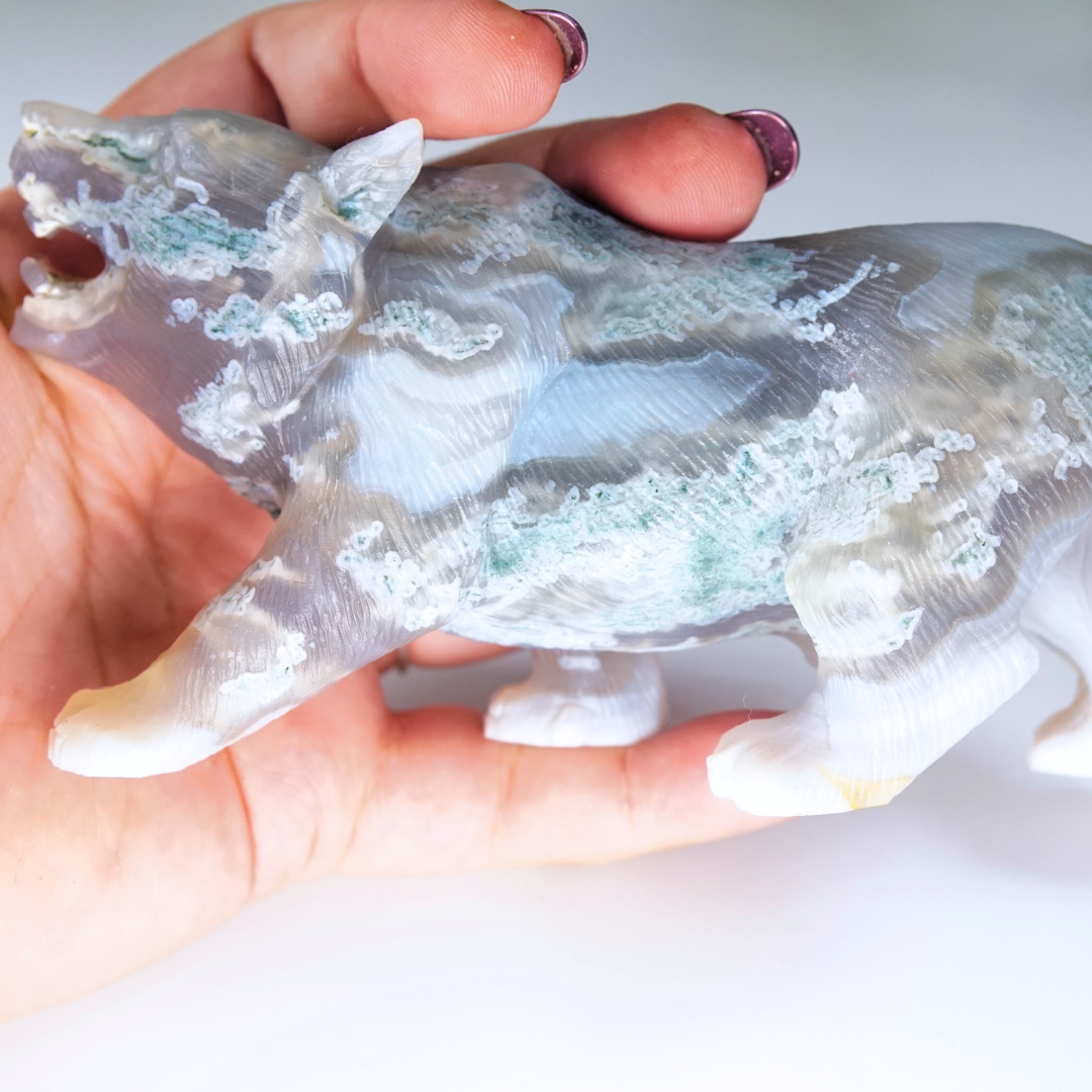 Druzy Moss Agate Boutique Wolf Carving | REPAIRED (Please See Notes)