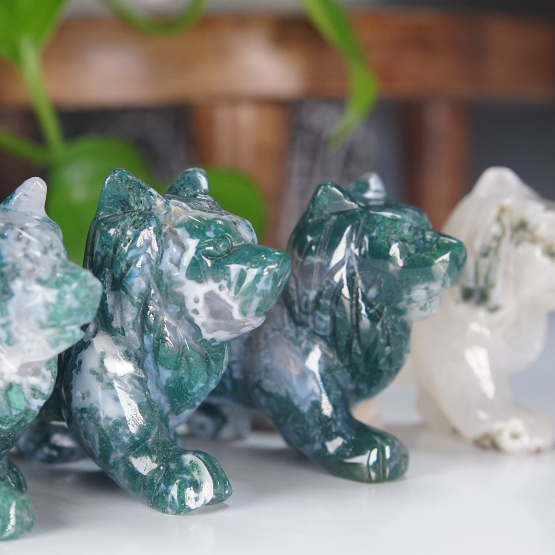 Moss Agate Small Wolf Carving | Pick Your Favorite