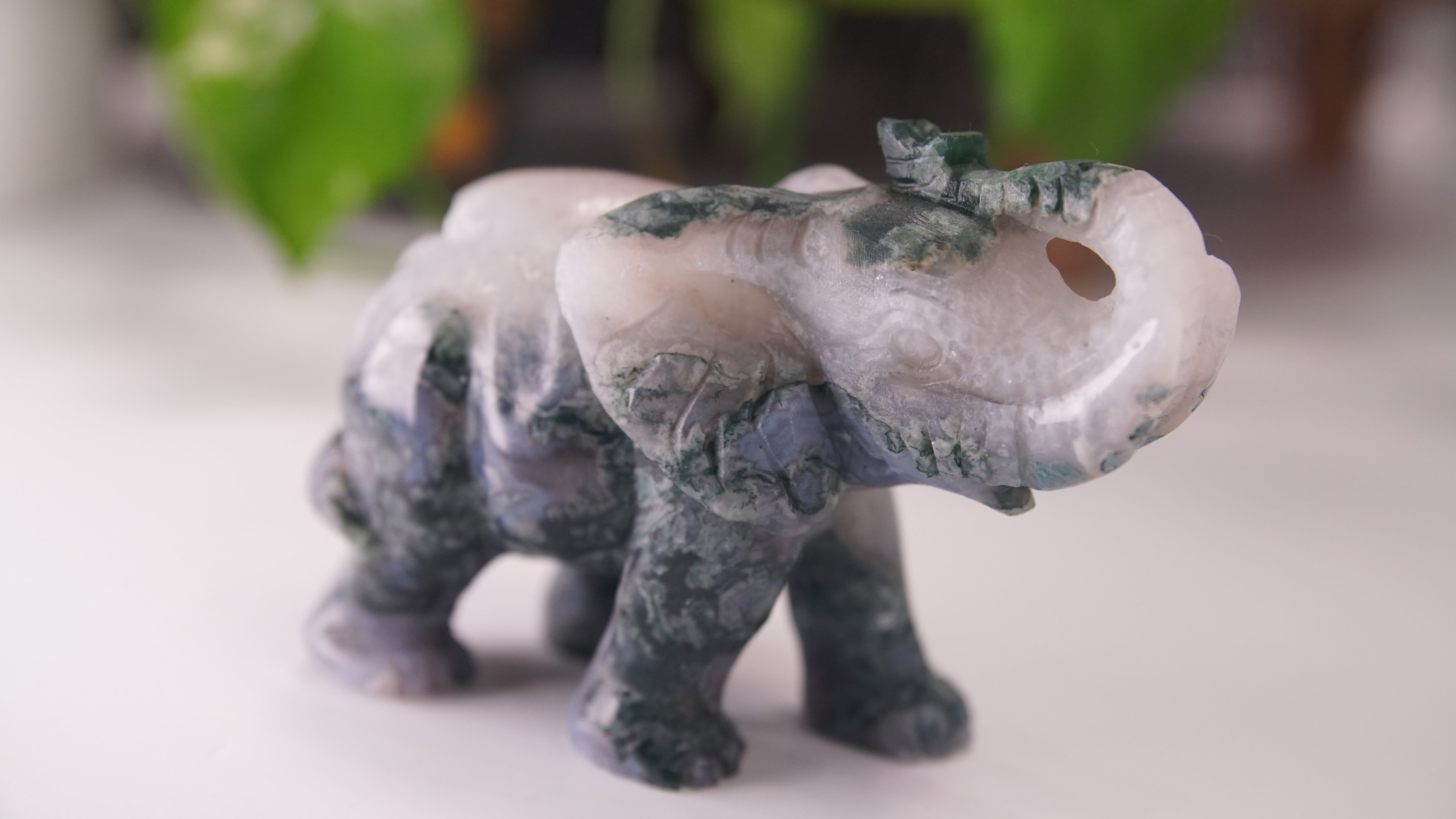 Druzy Moss Agate Boutique Elephant Carving | Crystal Carving Statement Piece