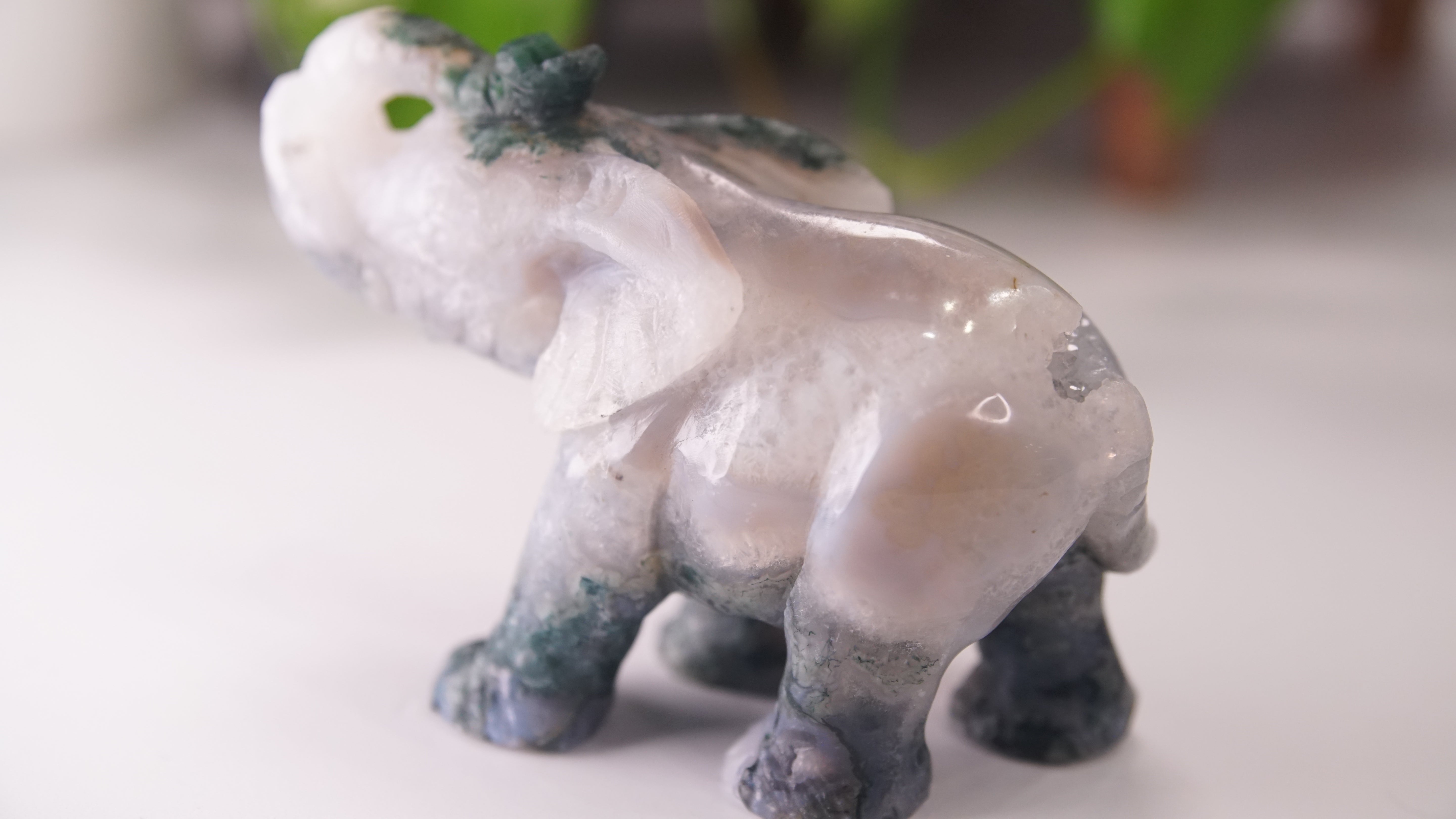 Druzy Moss Agate Boutique Elephant Carving | Crystal Carving Statement Piece