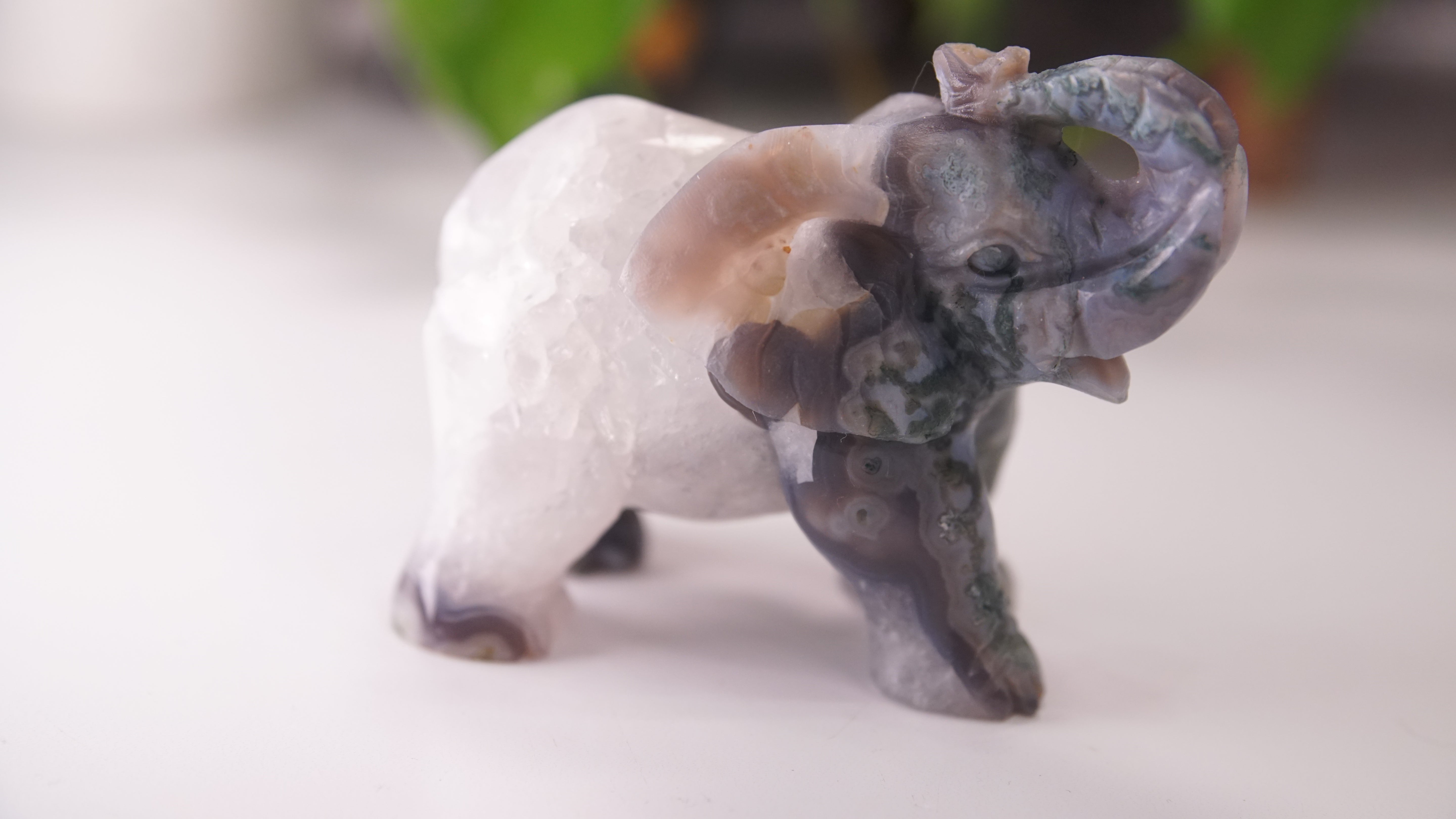 Druzy Moss Agate Boutique Elephant Carving | Crystal Carving Statement Piece