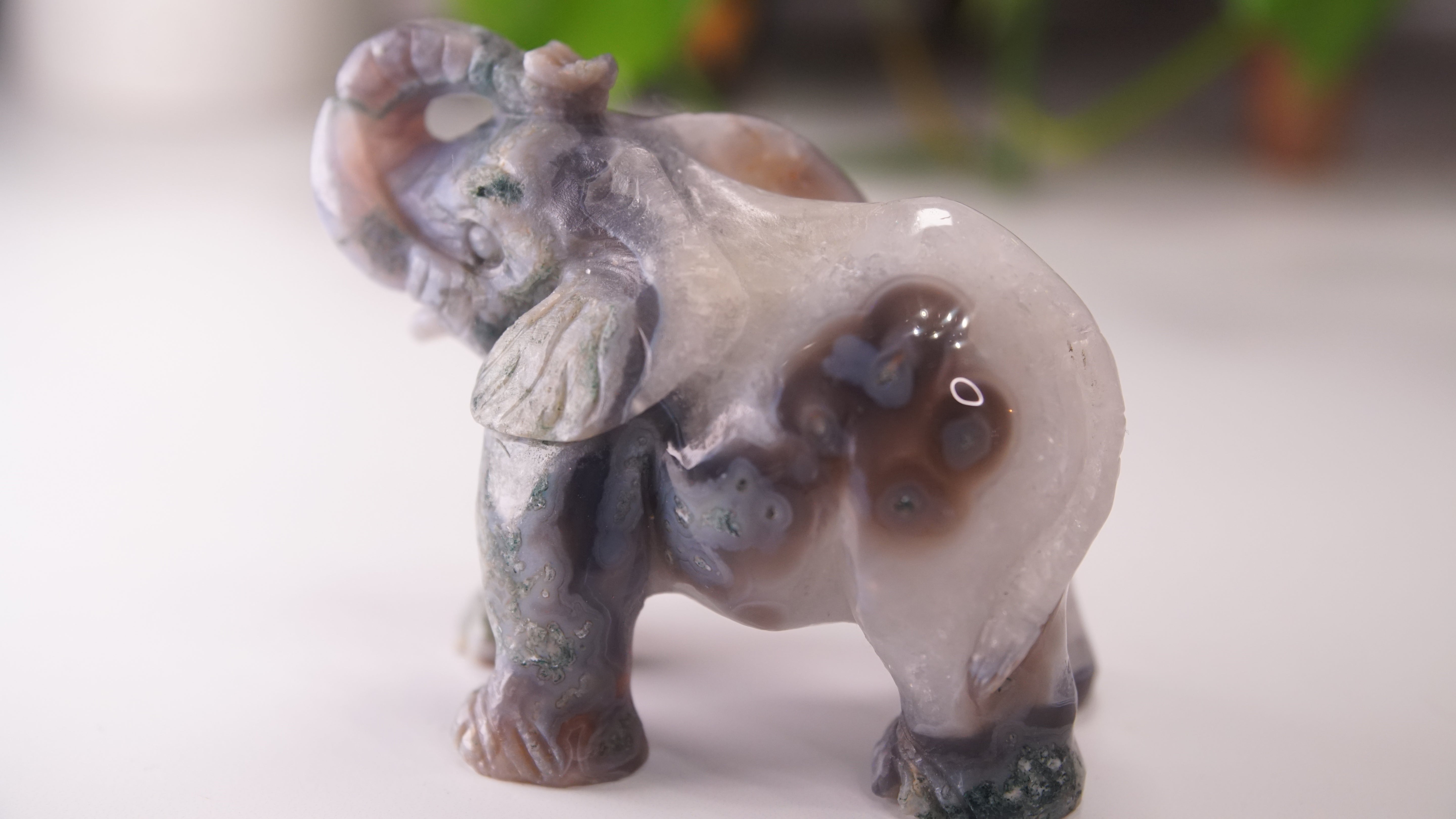 Druzy Moss Agate Boutique Elephant Carving | Crystal Carving Statement Piece