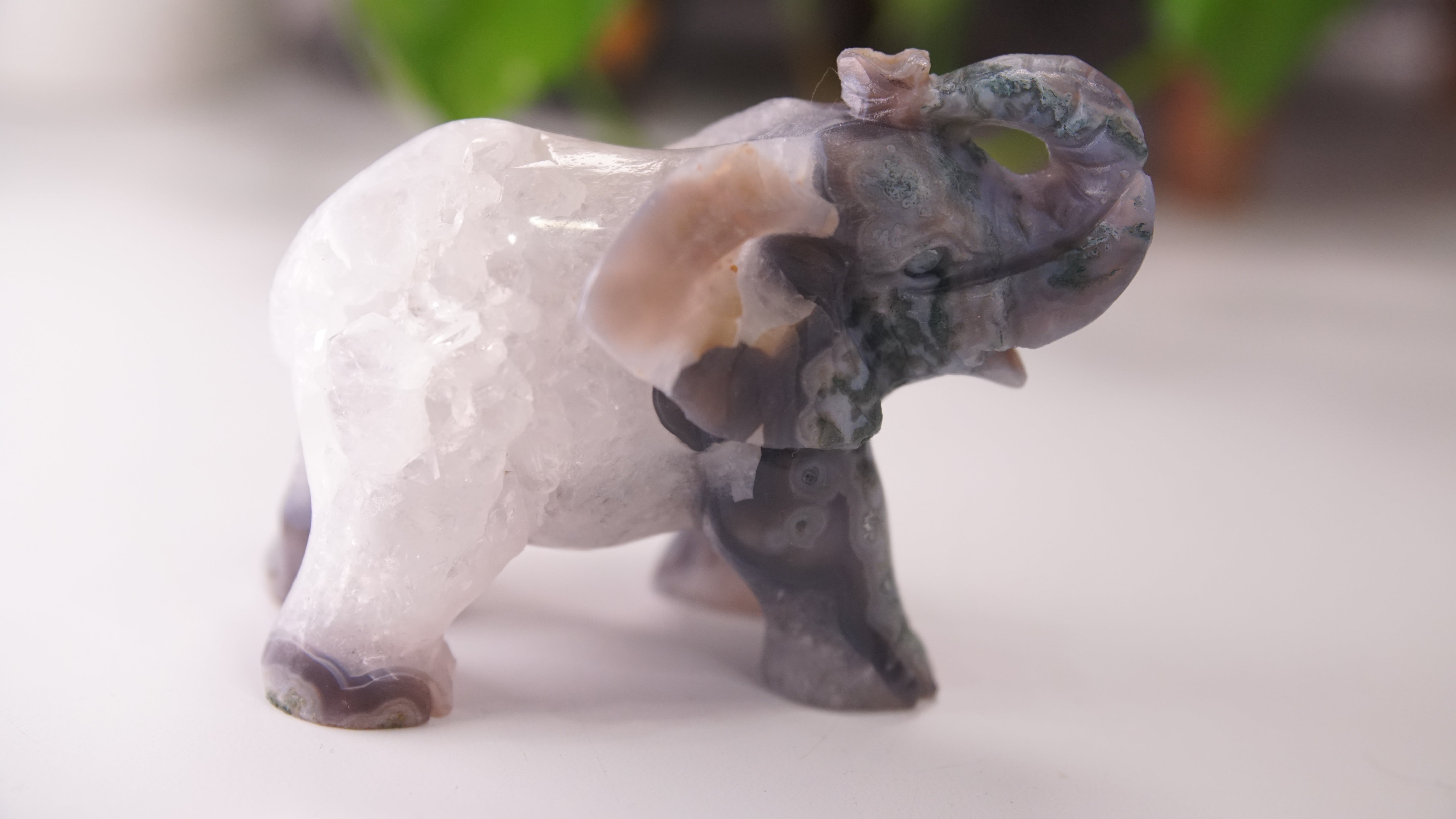 Druzy Moss Agate Boutique Elephant Carving | Crystal Carving Statement Piece