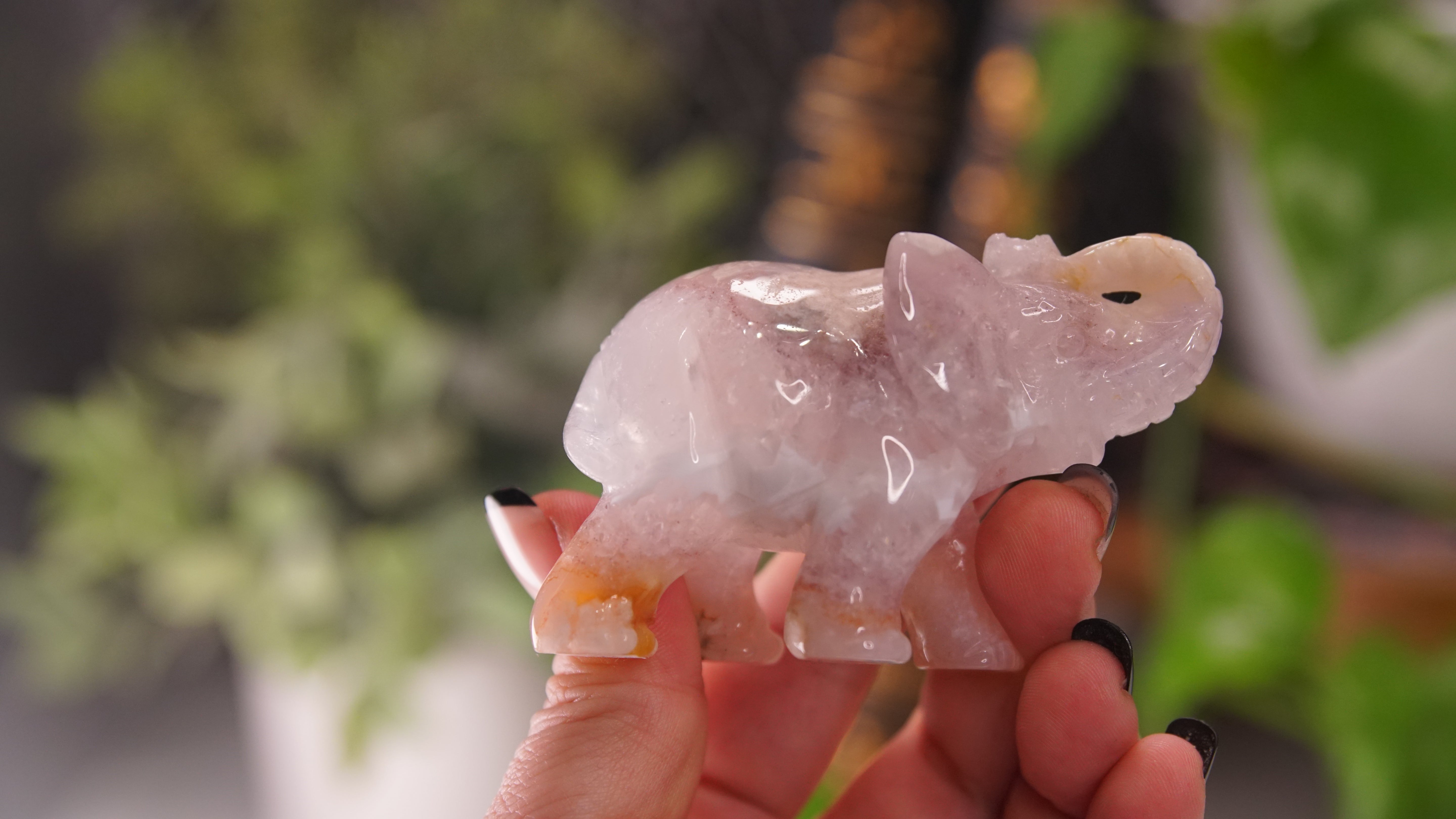 Druzy Agate Pink Amethyst Hand Carved Elephant Carving | Crystal Carving Statement Piece