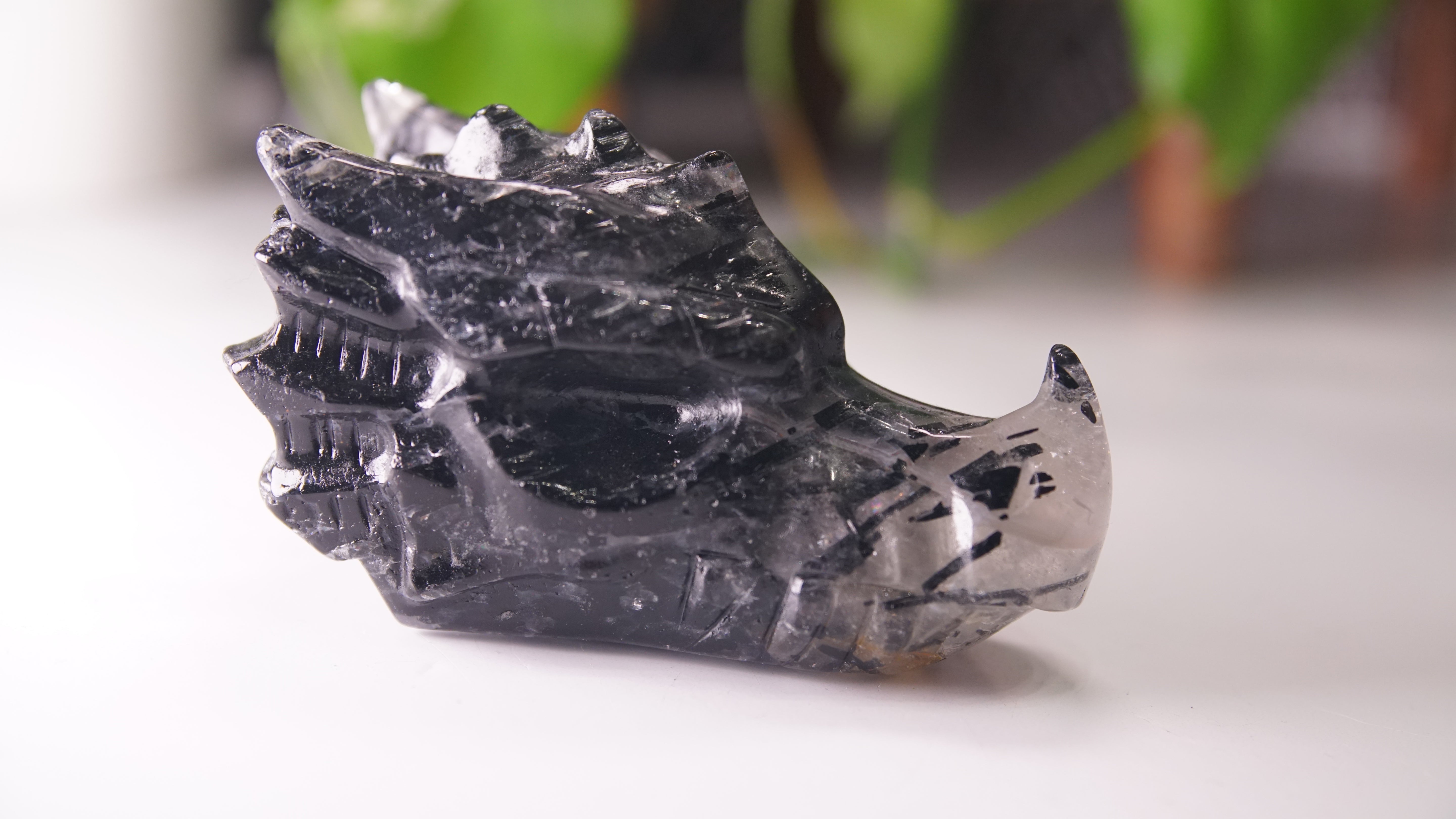 Gorgeous Black Tourmaline In Quartz Dragon Skull