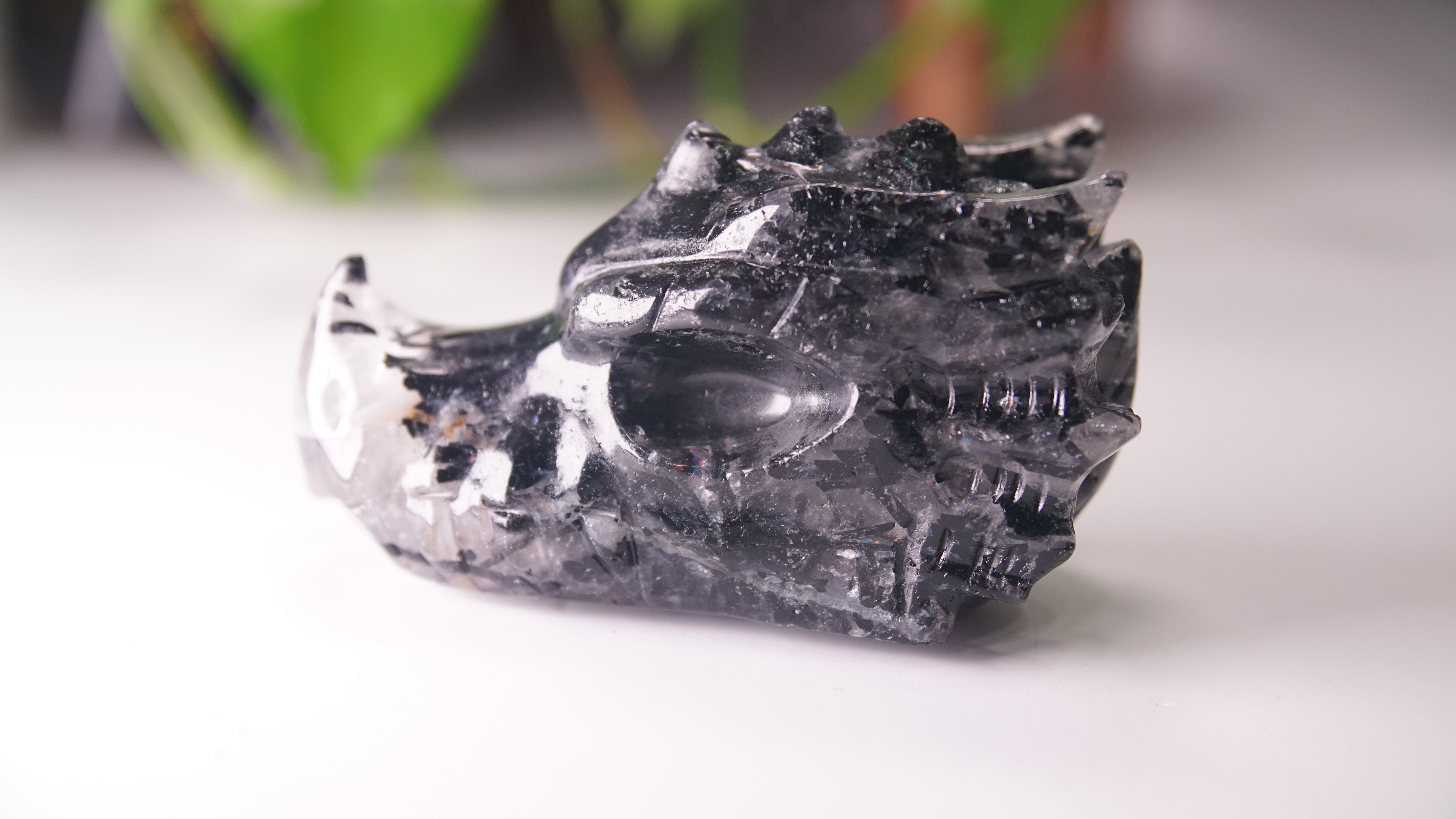 Gorgeous Black Tourmaline In Quartz Dragon Skull