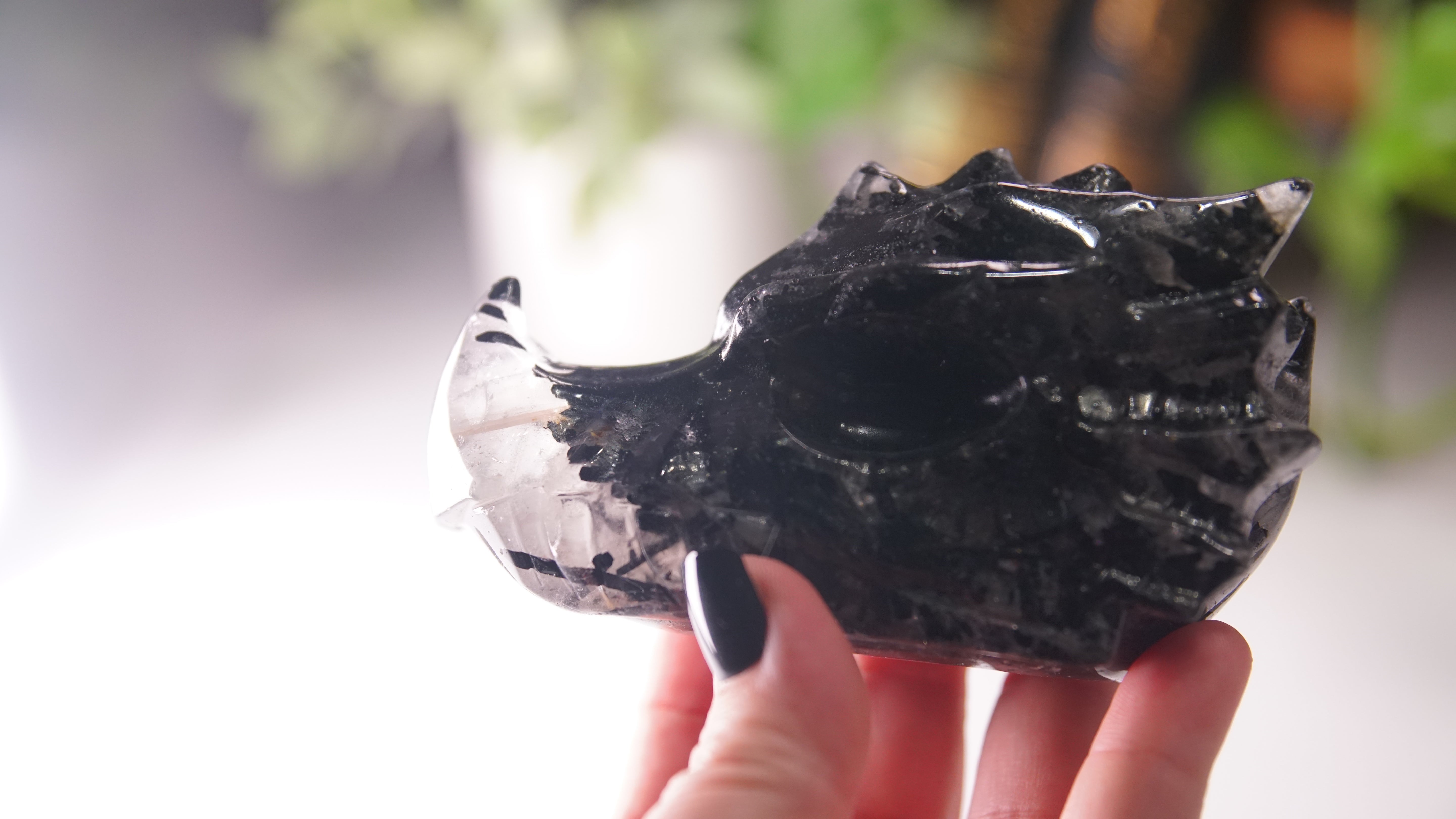 Gorgeous Black Tourmaline In Quartz Dragon Skull