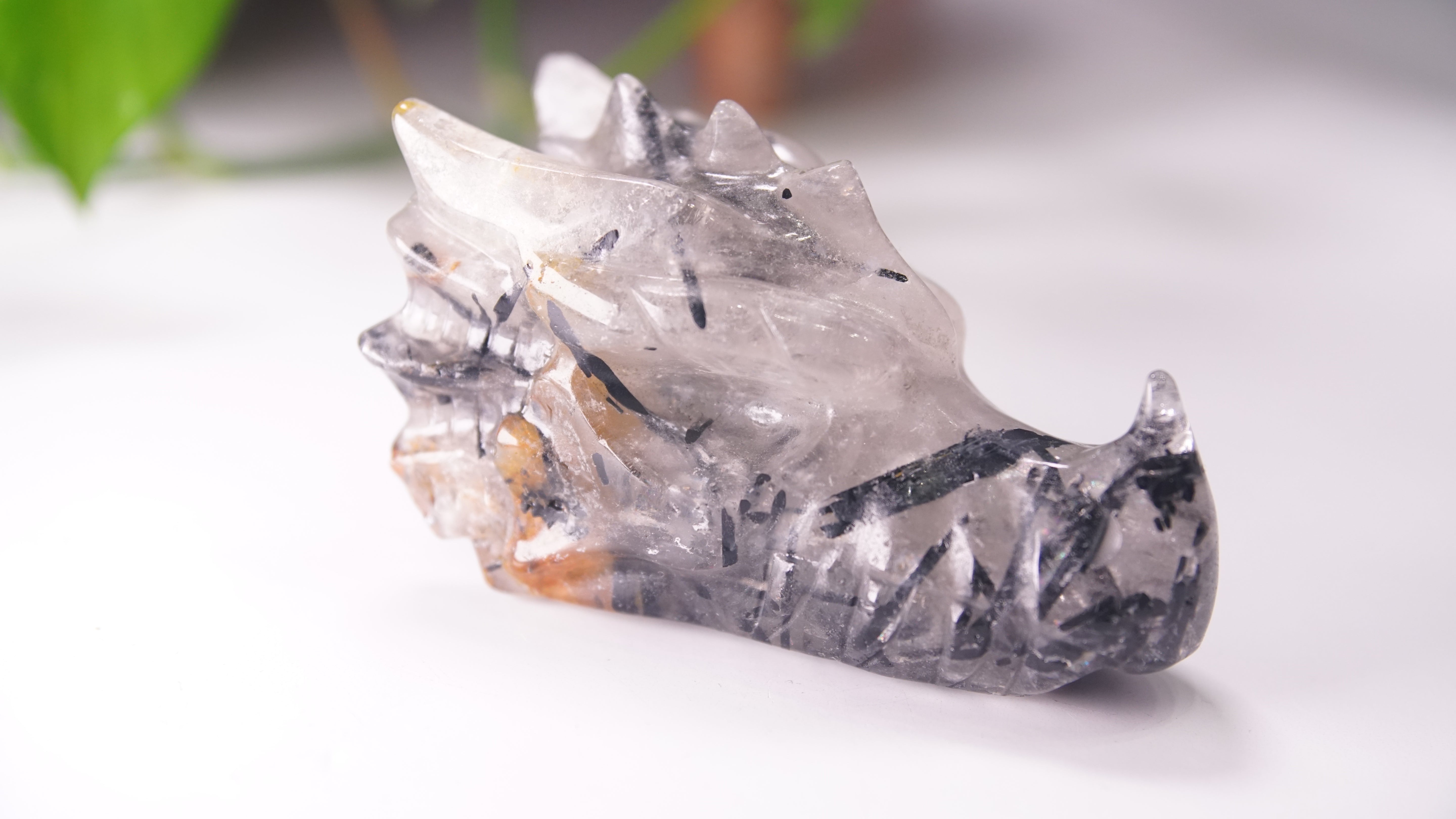 Gorgeous Black Tourmaline In Quartz Dragon Skull
