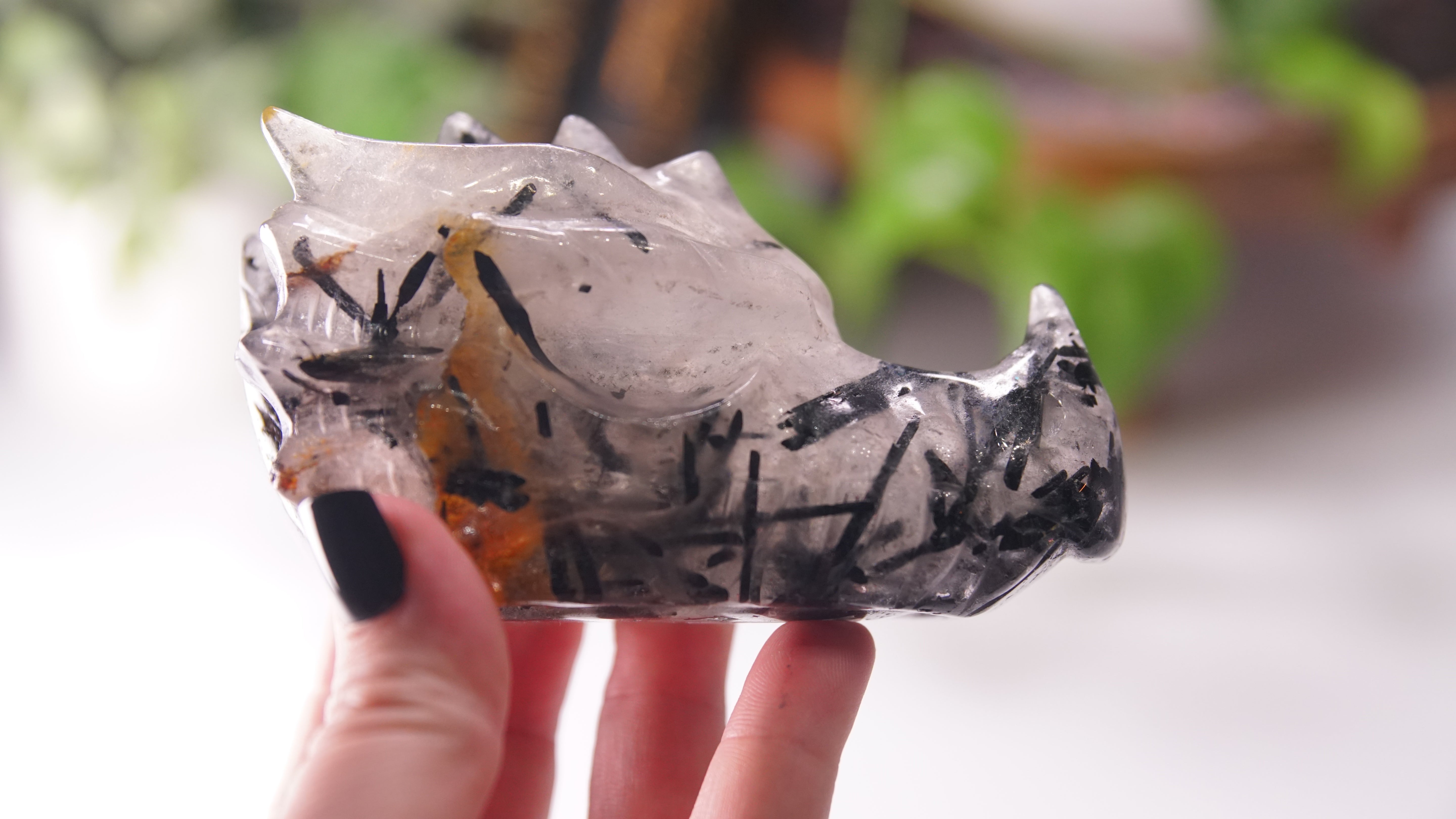 Gorgeous Black Tourmaline In Quartz Dragon Skull