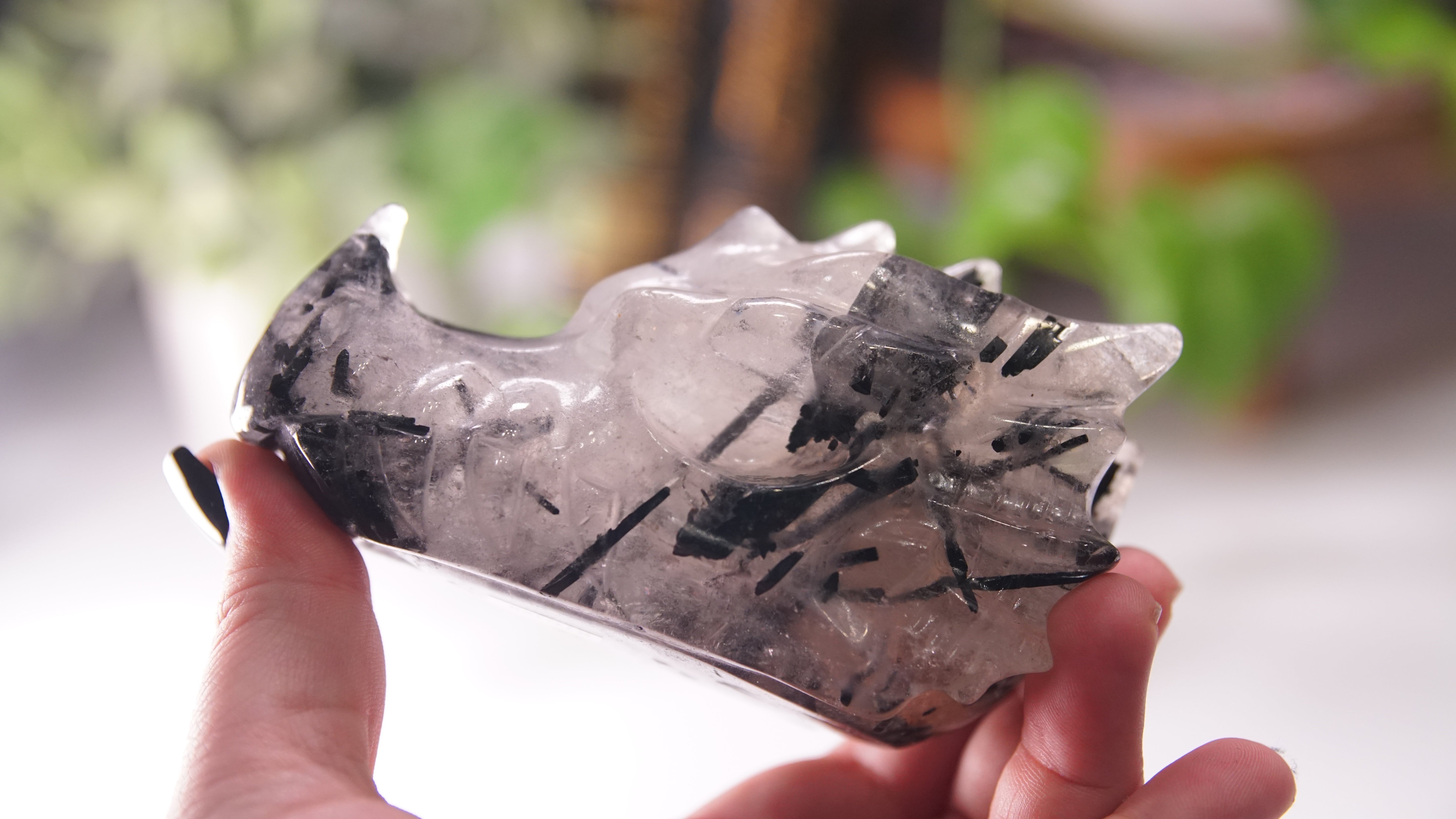 Gorgeous Black Tourmaline In Quartz Dragon Skull