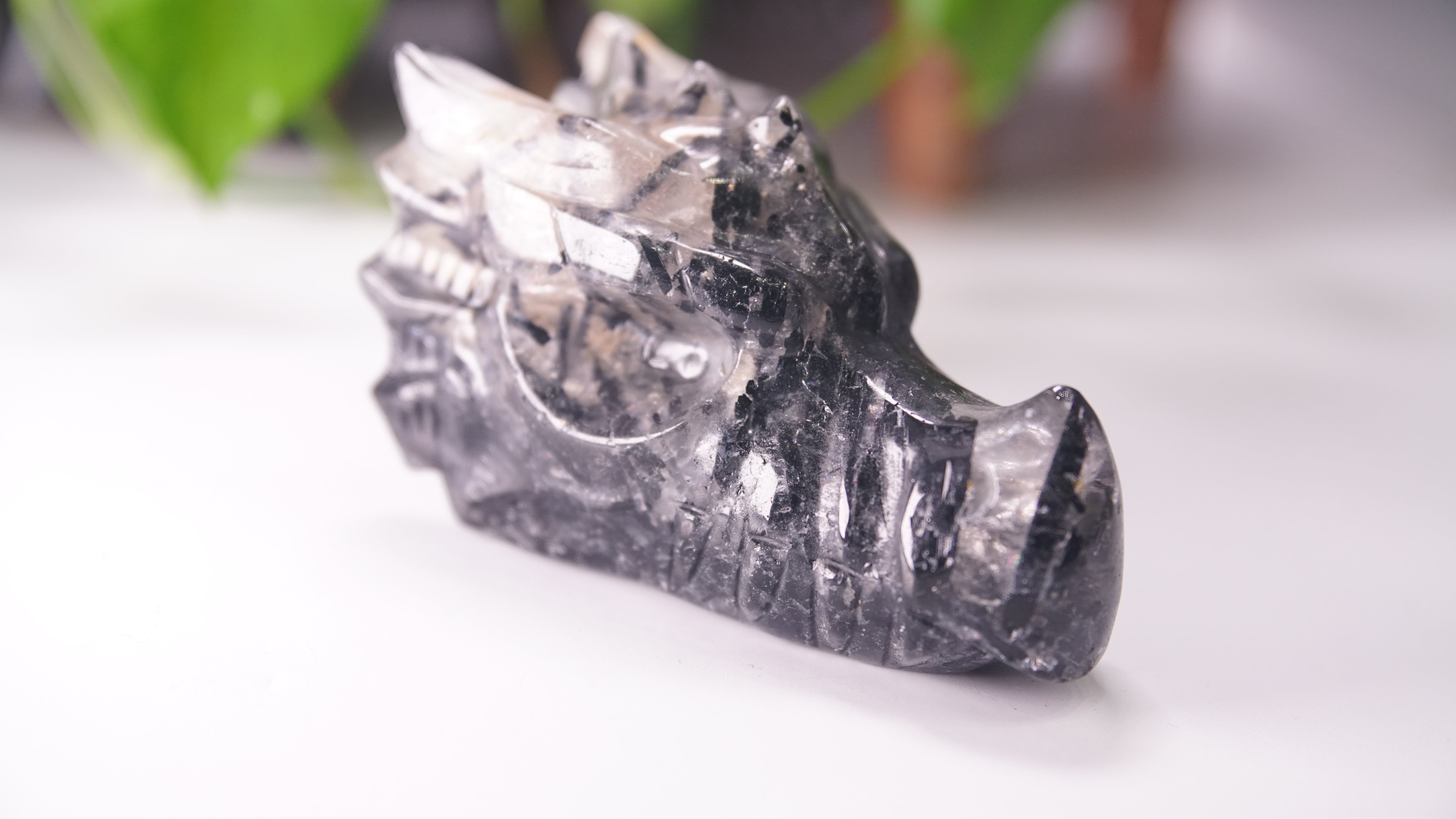 Gorgeous Black Tourmaline In Quartz Dragon Skull