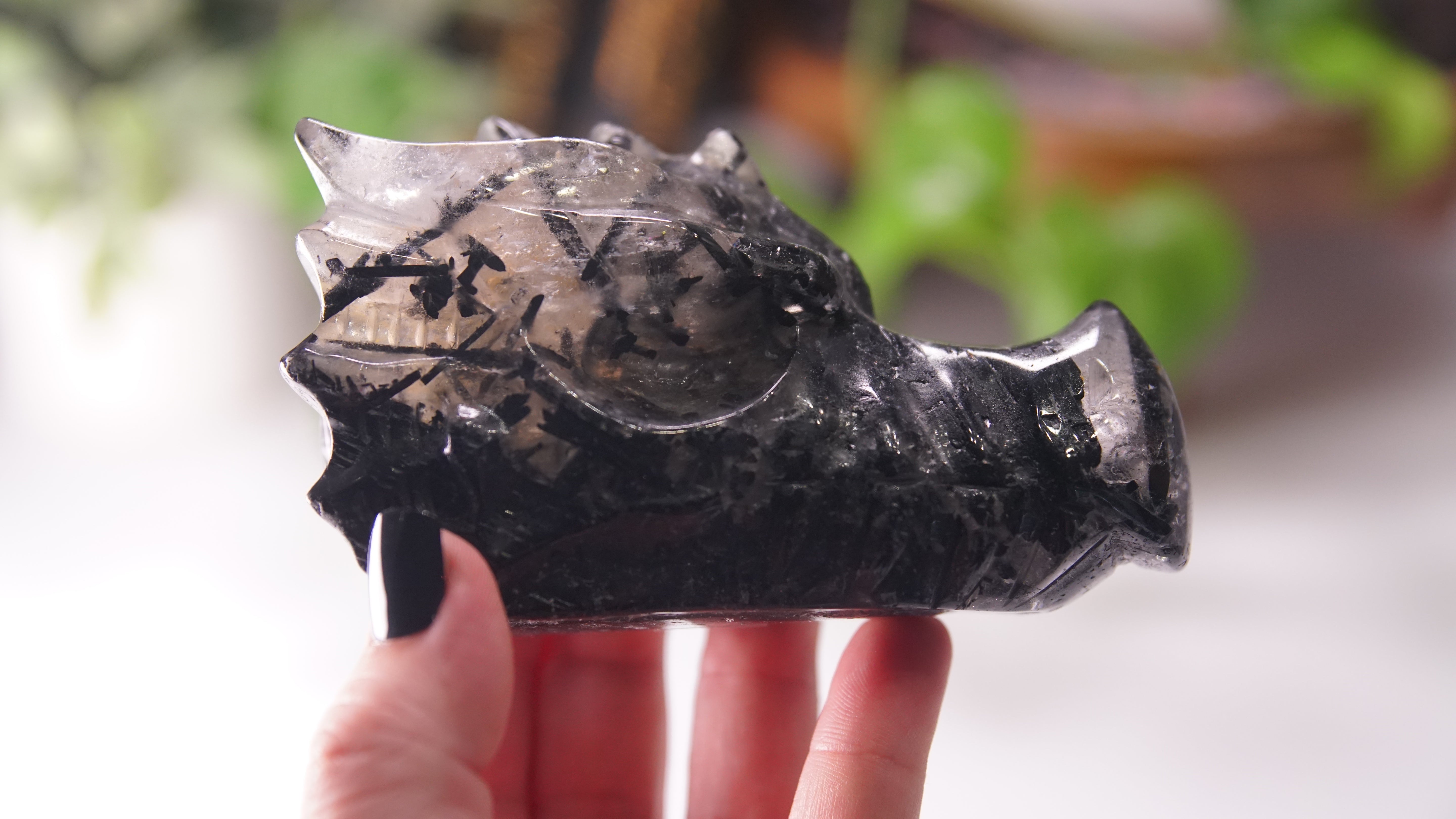 Gorgeous Black Tourmaline In Quartz Dragon Skull