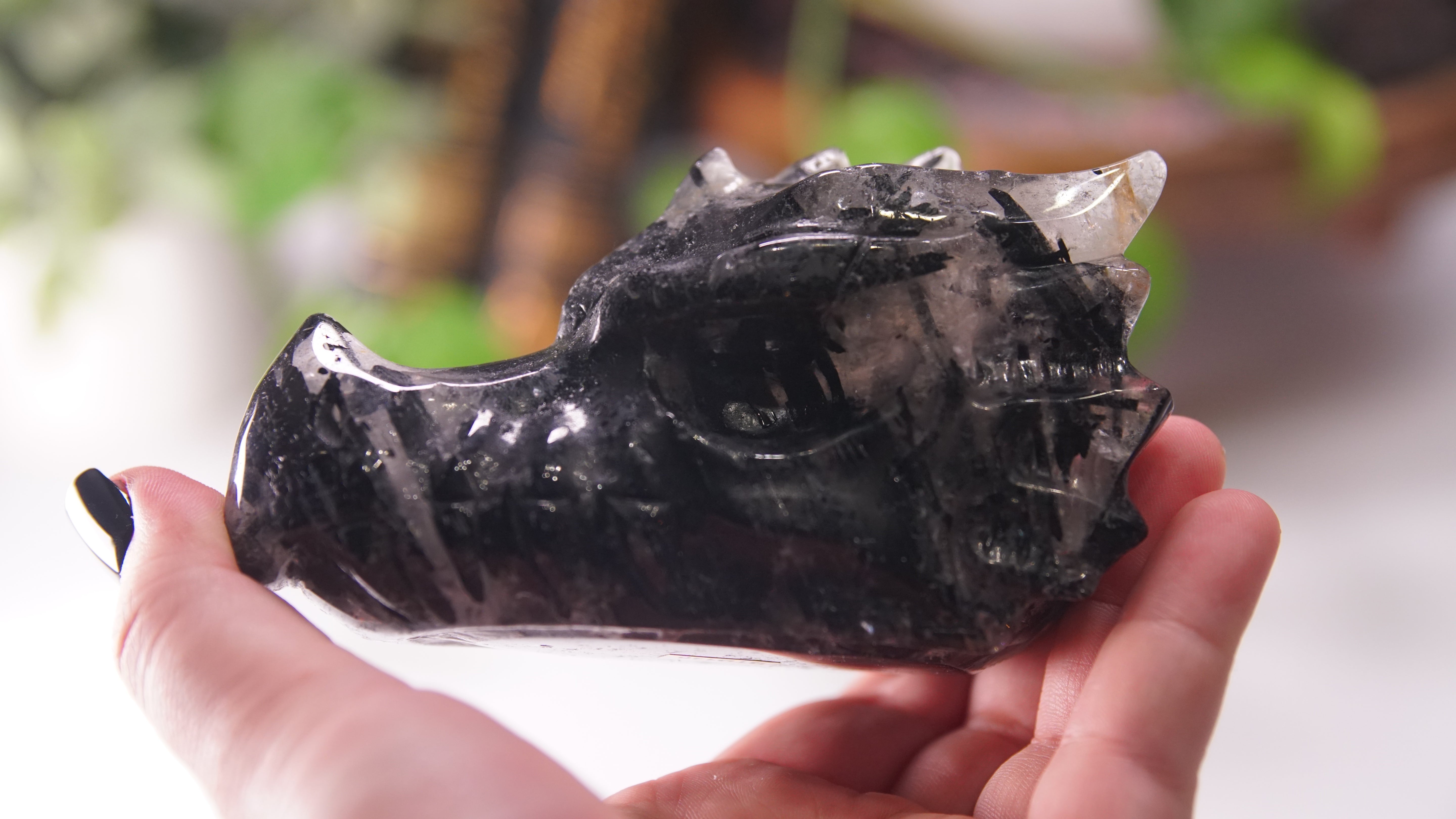 Gorgeous Black Tourmaline In Quartz Dragon Skull