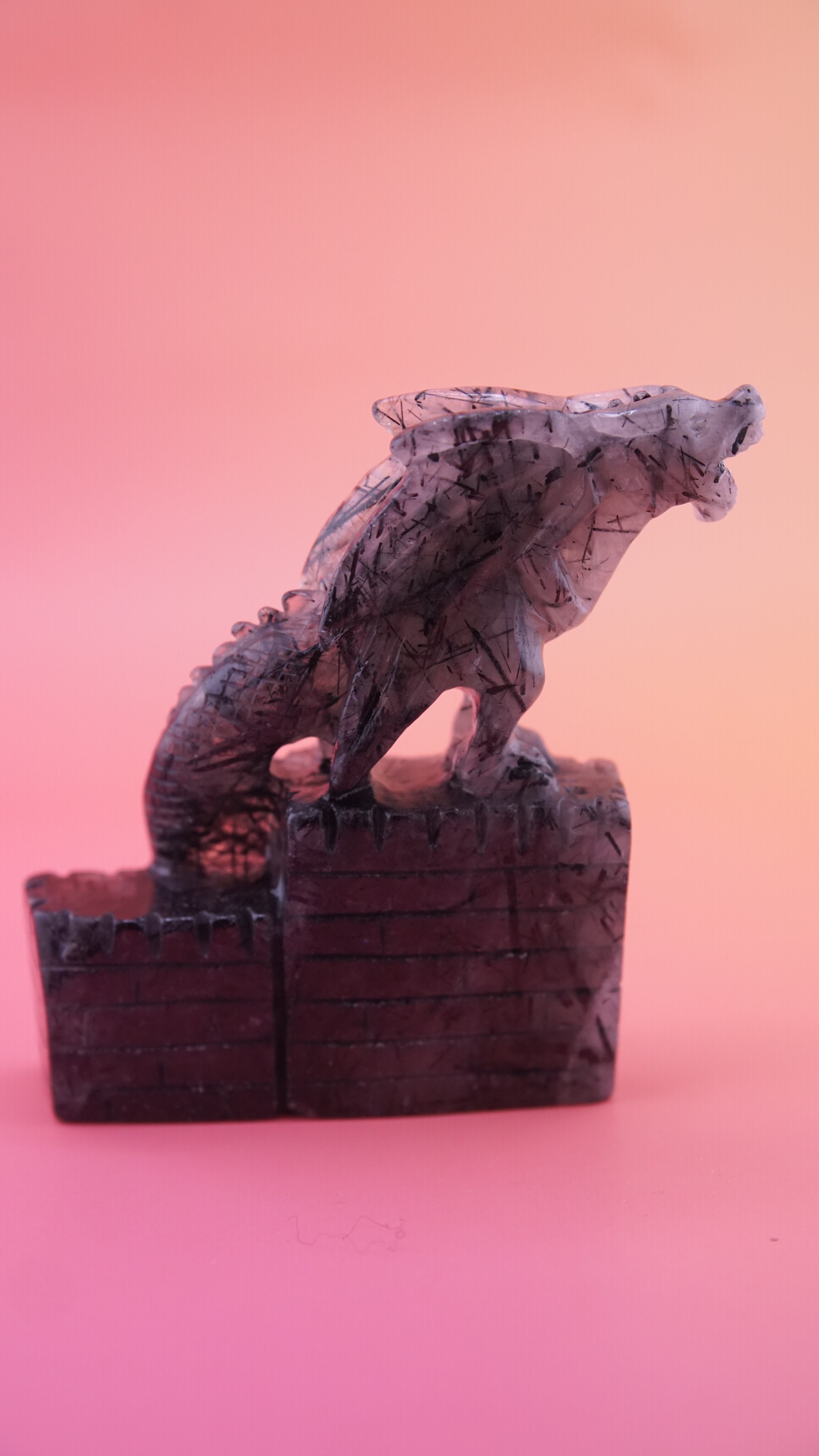 Gorgeous Black Tourmaline In Quartz Dragon With Castle