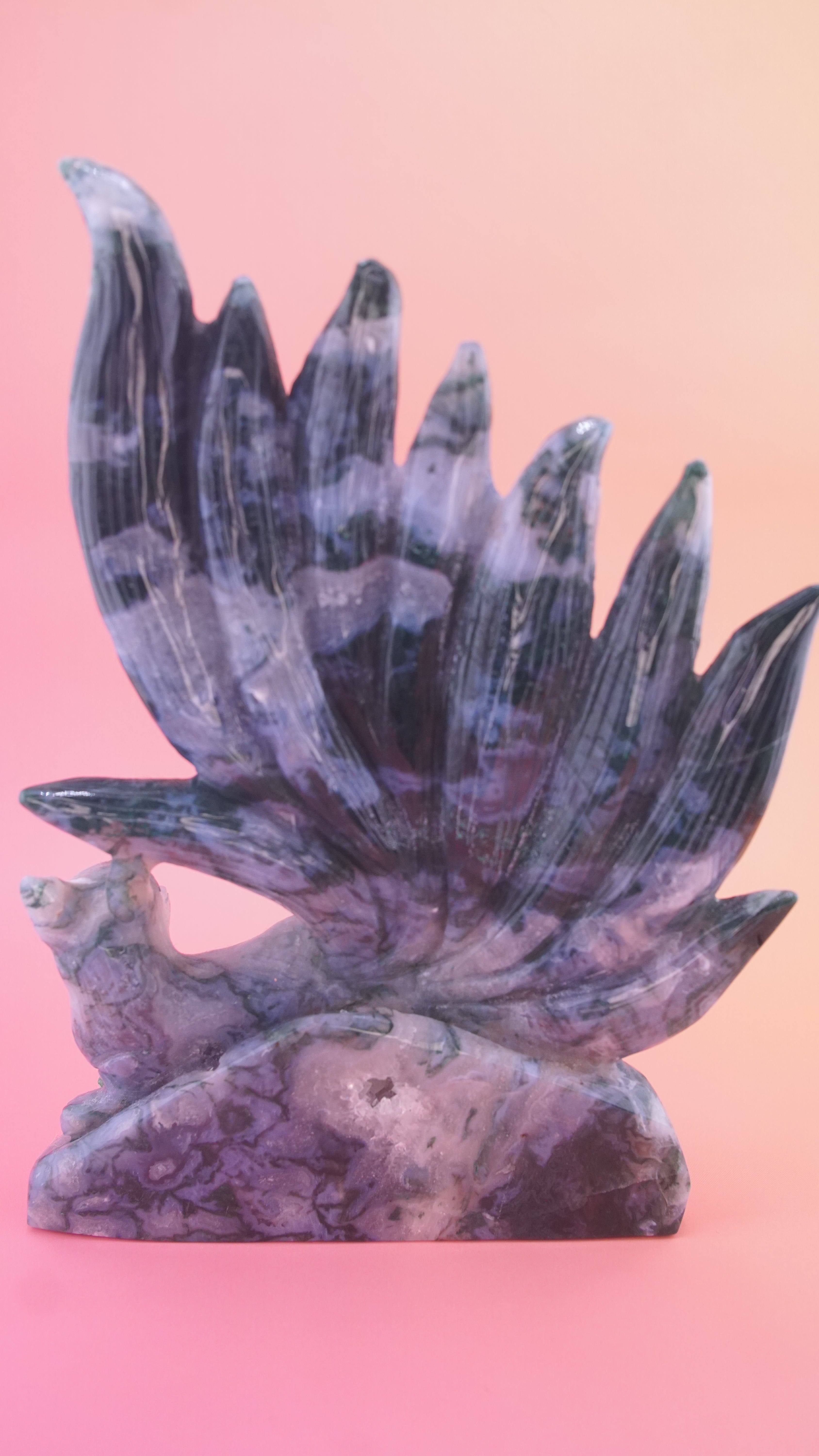 Blue Moss Agate Boutique 9 Tails Fox Carving | Crystal Carving Statement Piece
