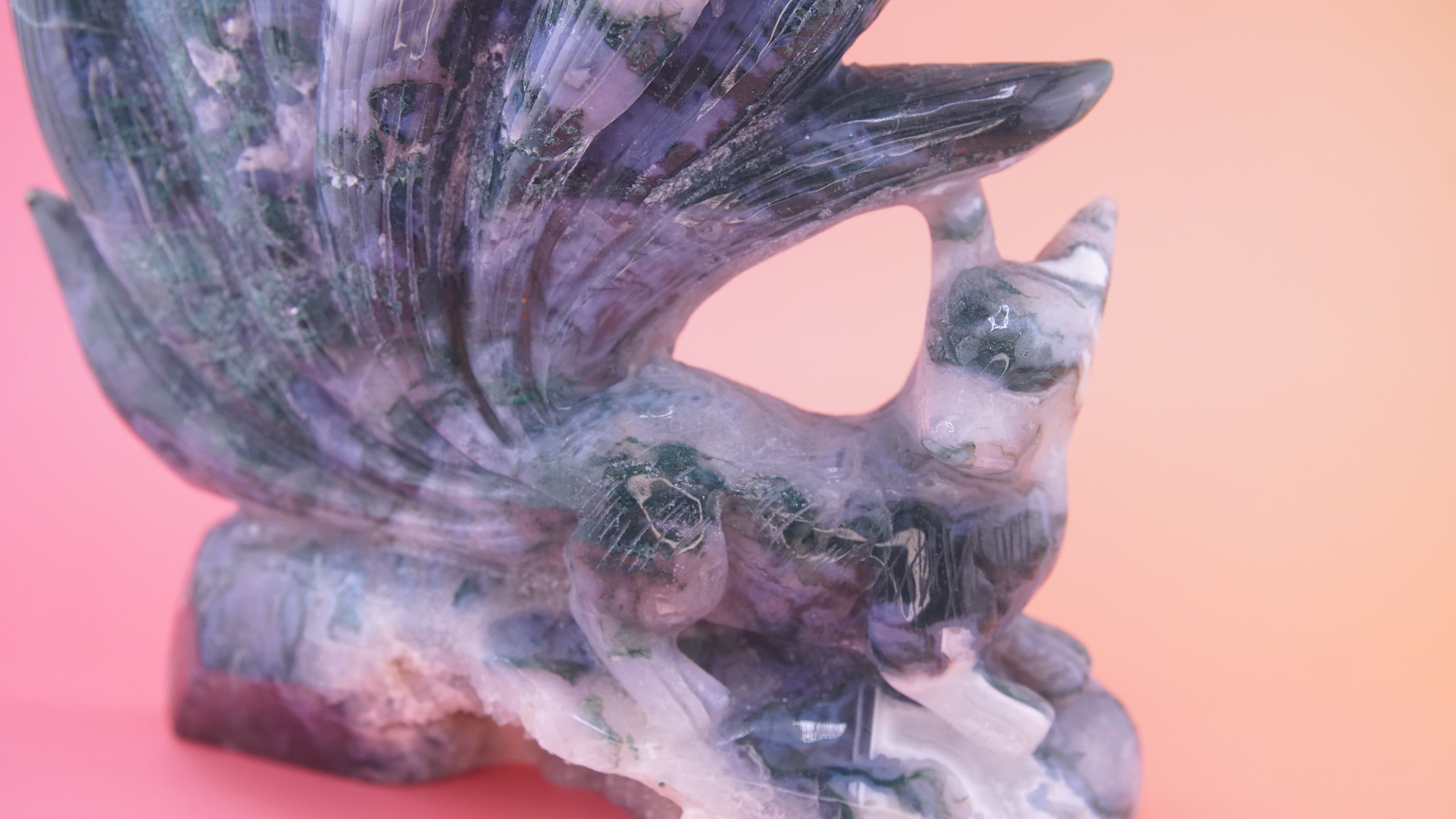Blue Moss Agate Boutique 9 Tails Fox Carving | Crystal Carving Statement Piece