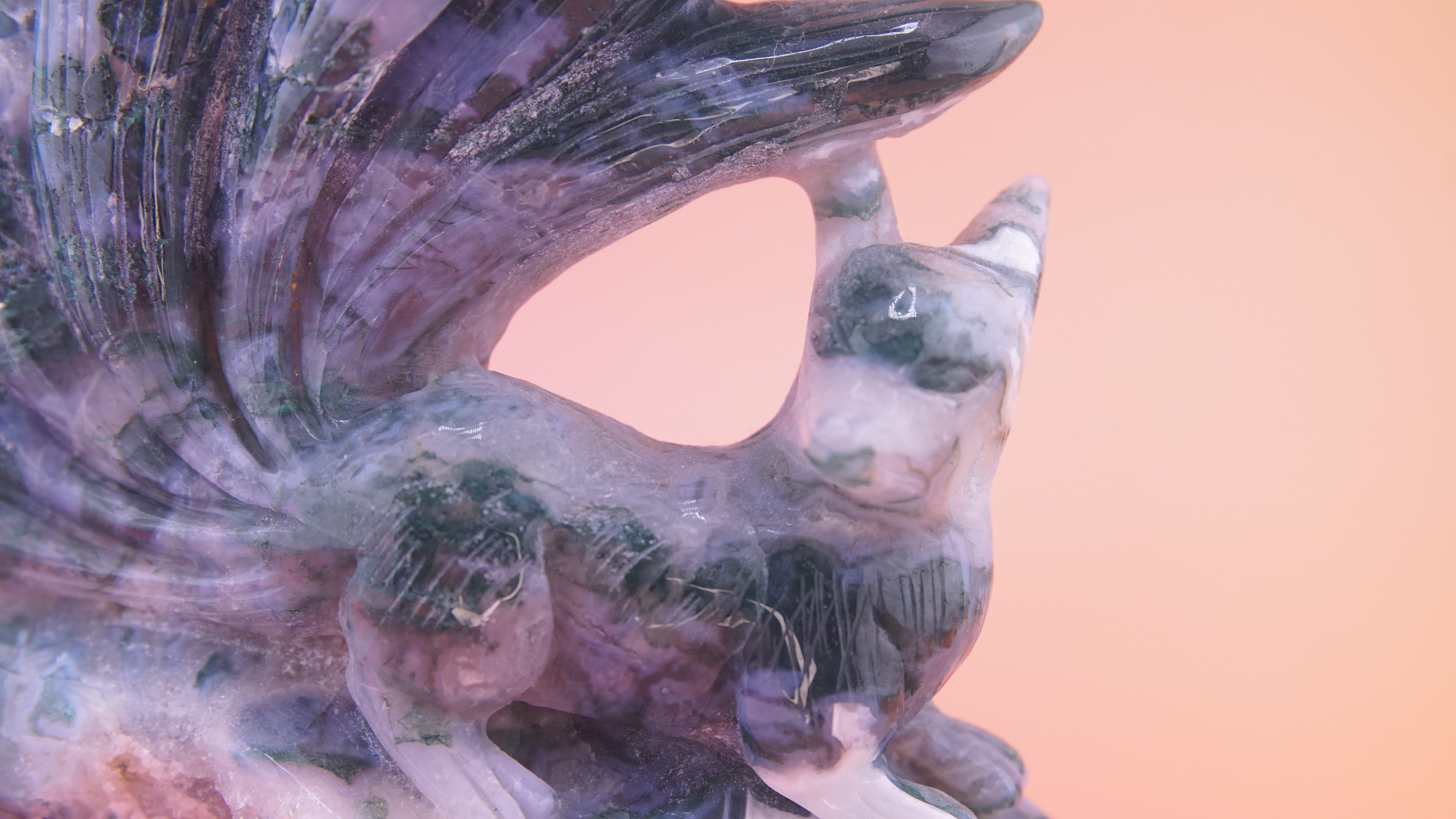 Blue Moss Agate Boutique 9 Tails Fox Carving | Crystal Carving Statement Piece