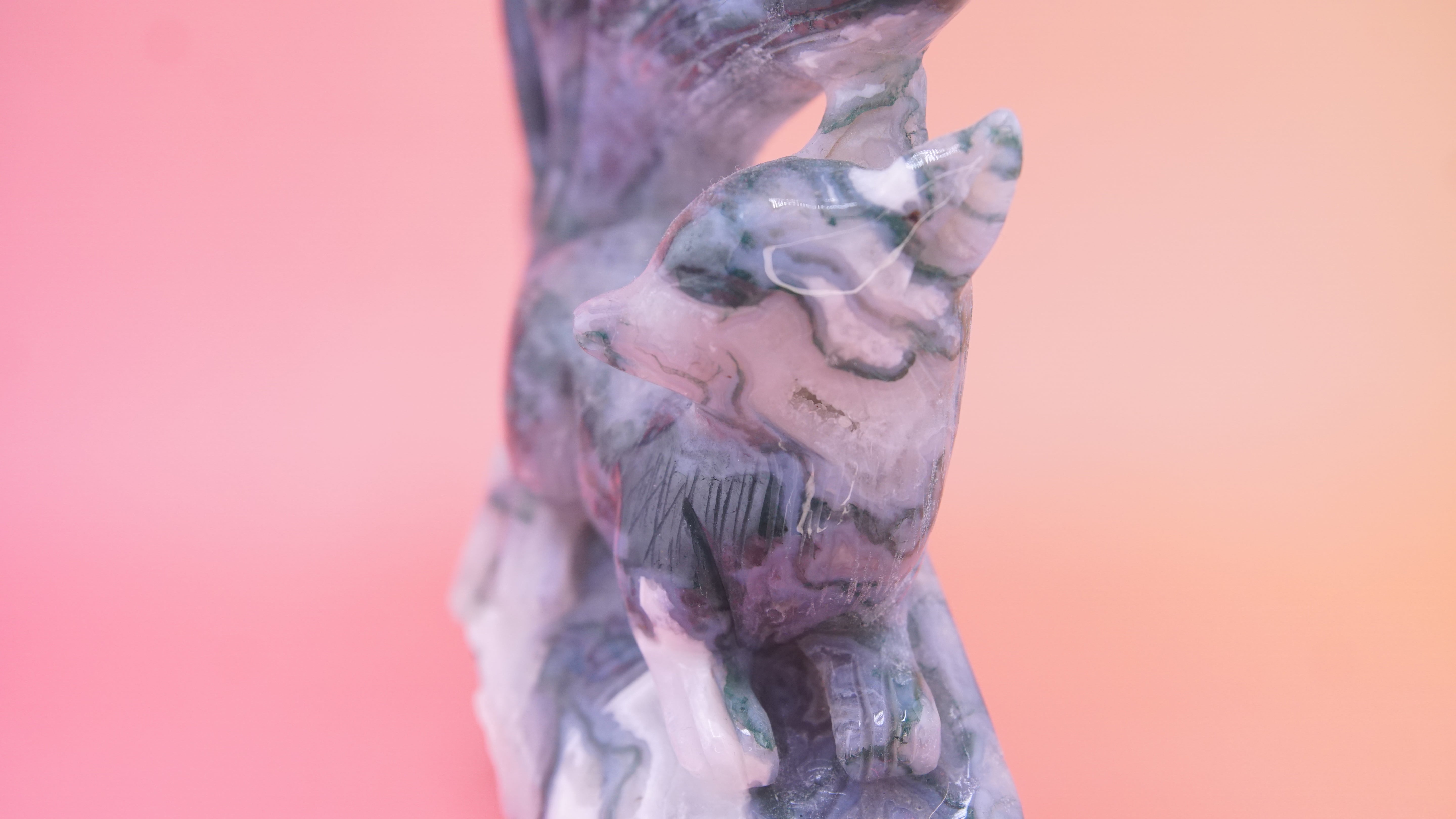 Blue Moss Agate Boutique 9 Tails Fox Carving | Crystal Carving Statement Piece