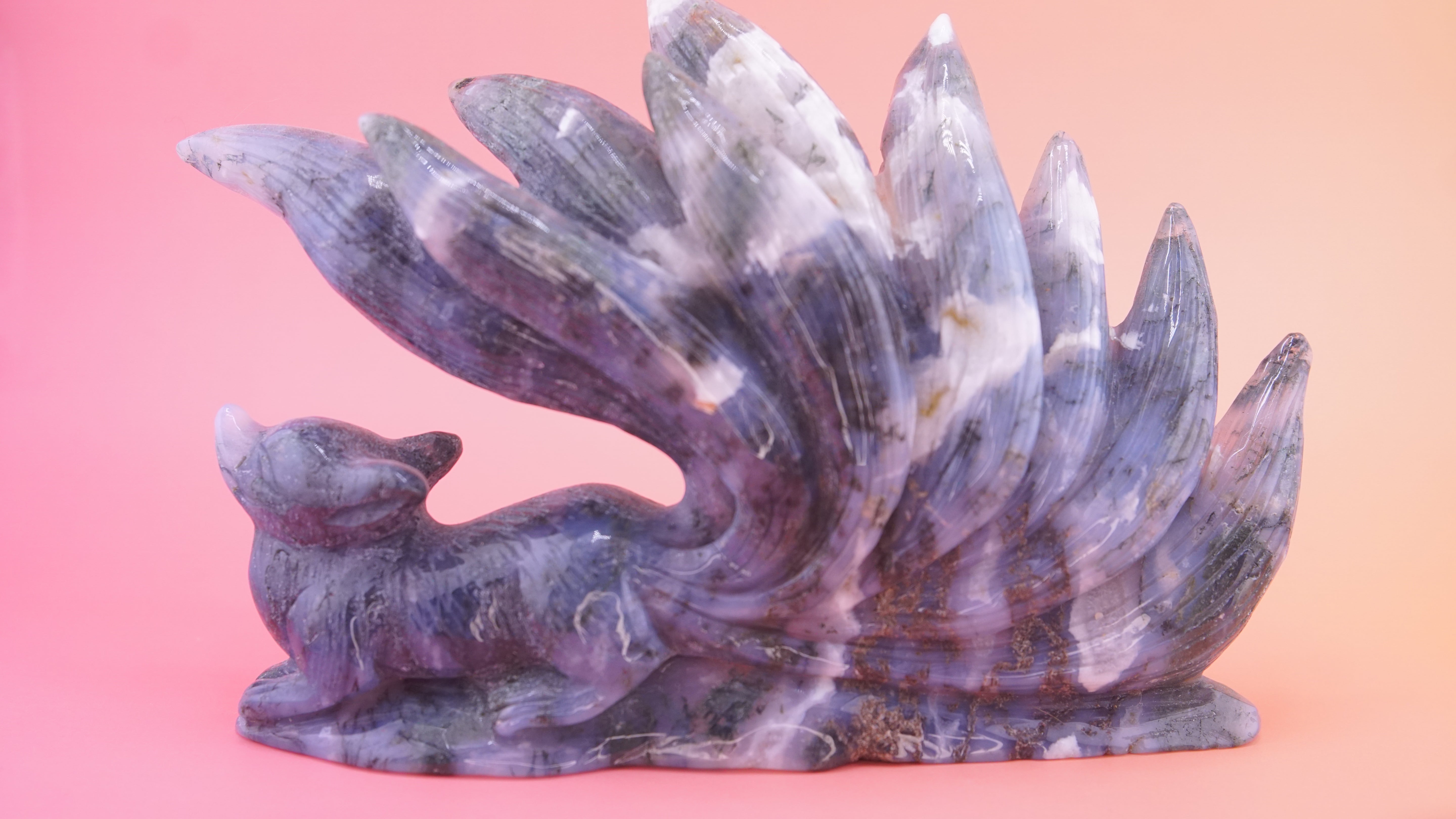Blue Moss Agate Boutique 9 Tails Fox Carving | Crystal Carving Statement Piece