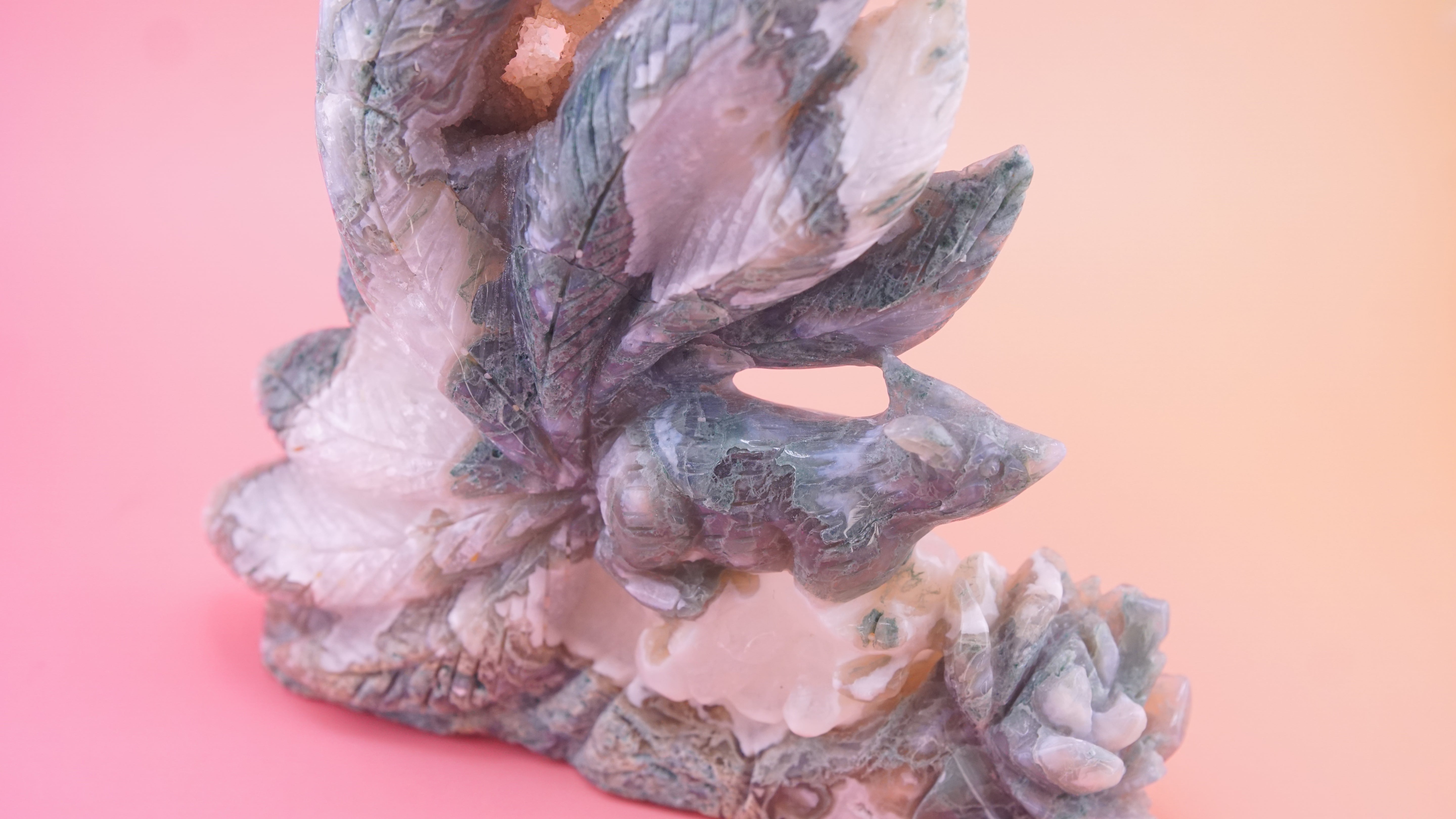 Blue Moss Agate Boutique 9 Tails Fox Carving | Crystal Carving Statement Piece