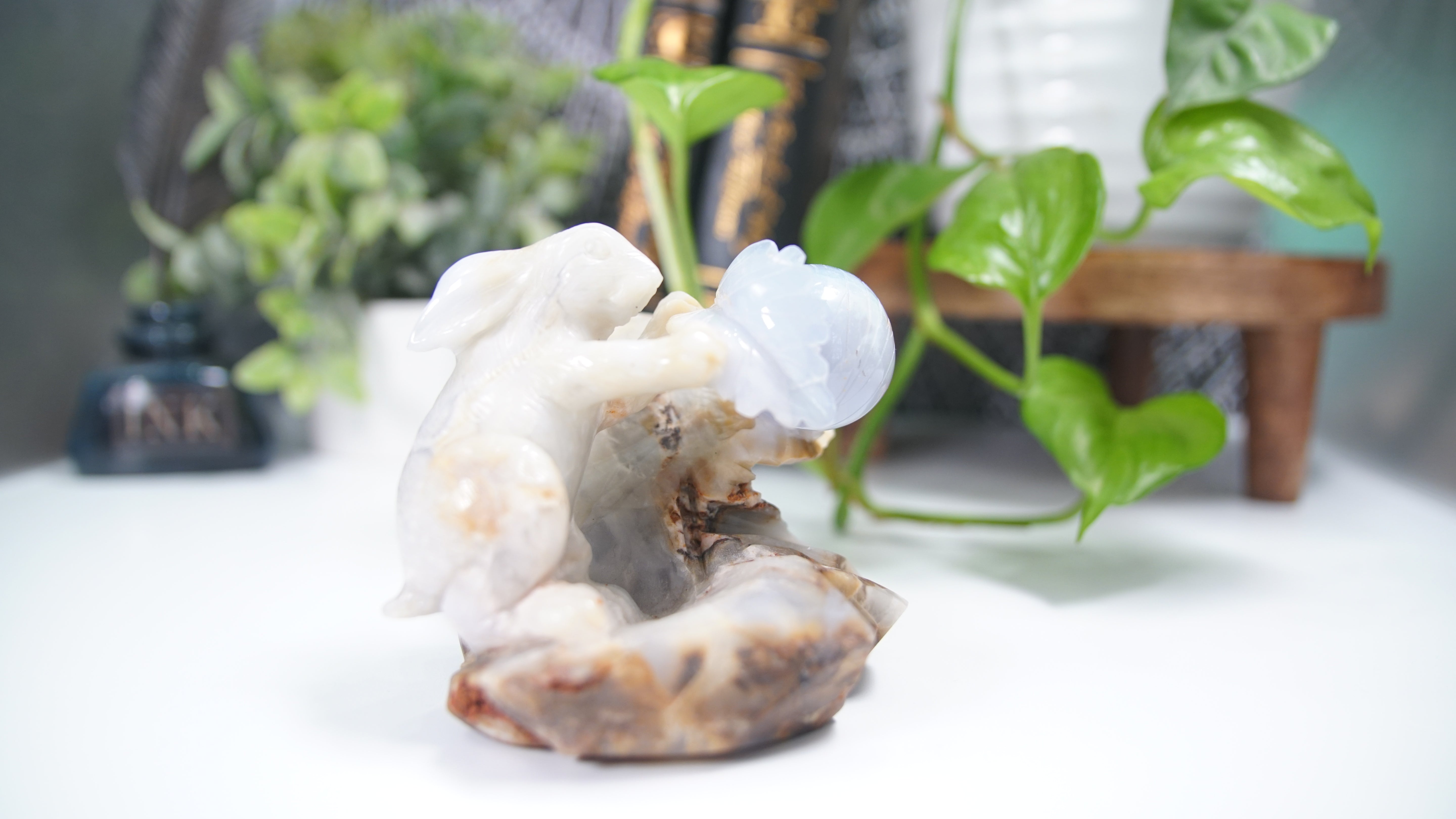 Master Carving - Blue Chalcedony Master Wu Carving - Bunny With Radish