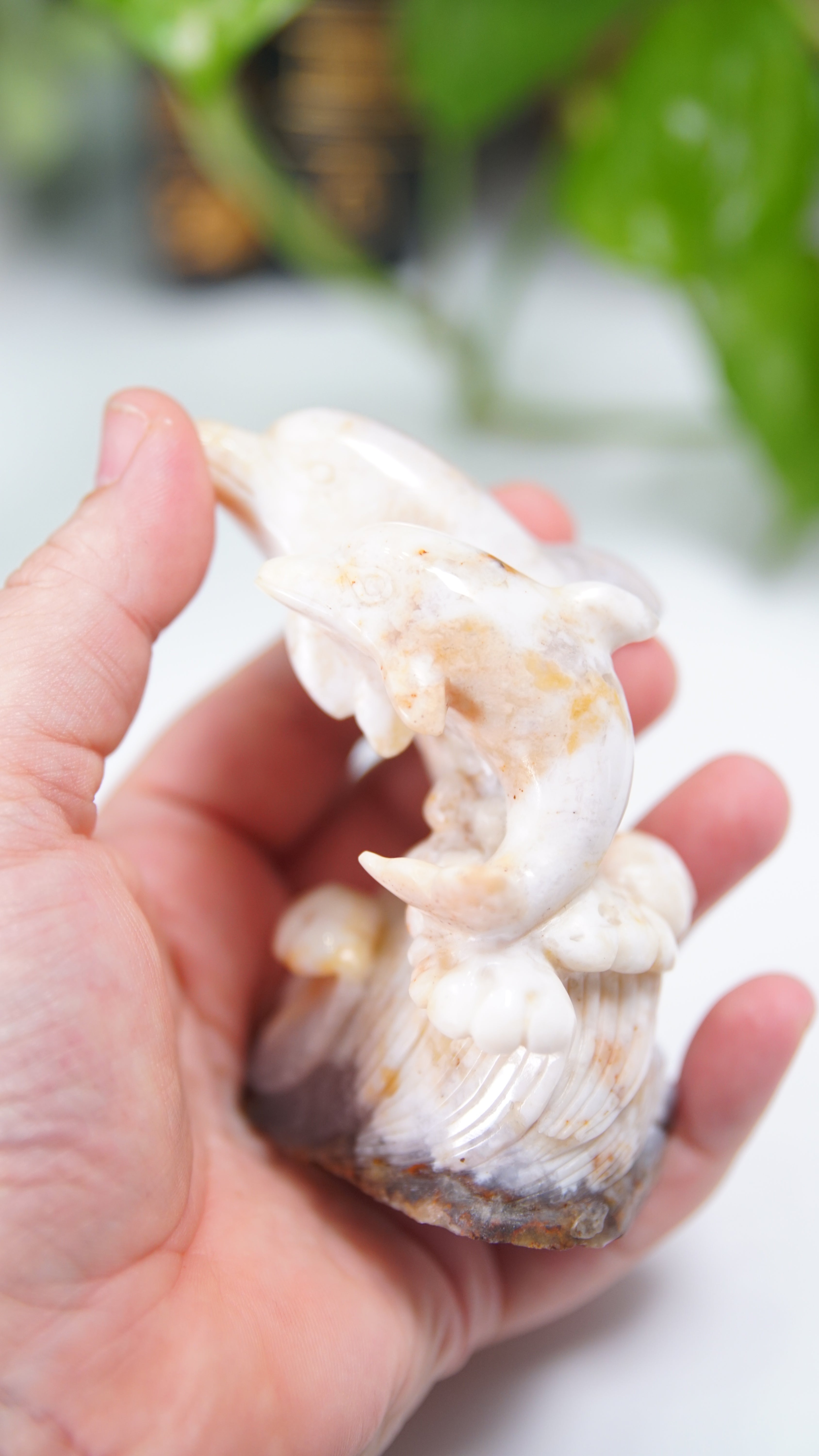 Master Carving - Blue Chalcedony Master Wu Carving - Dancing Dolphins