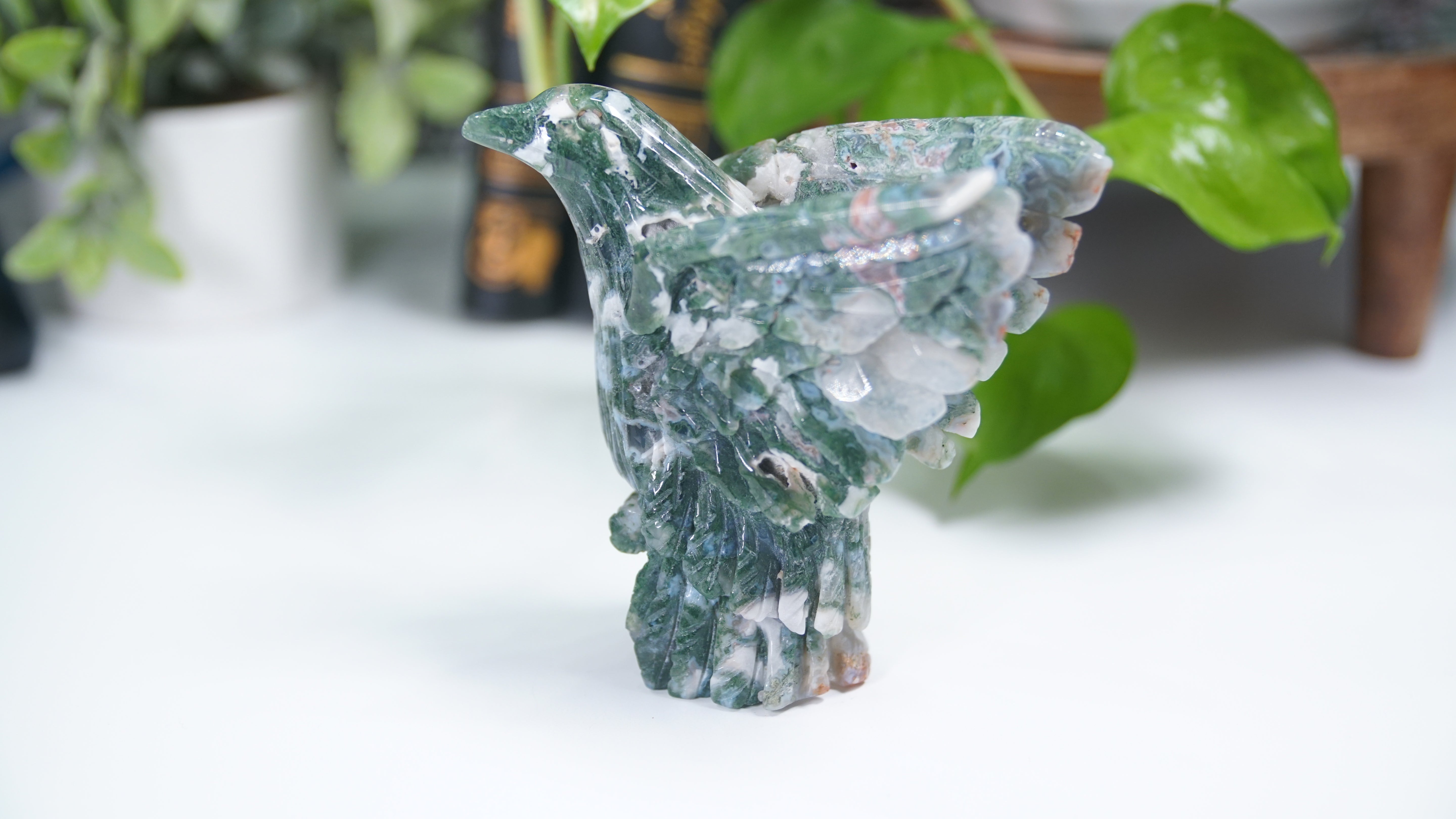 Pink Moss Agate Boutique Hummingbird Carving