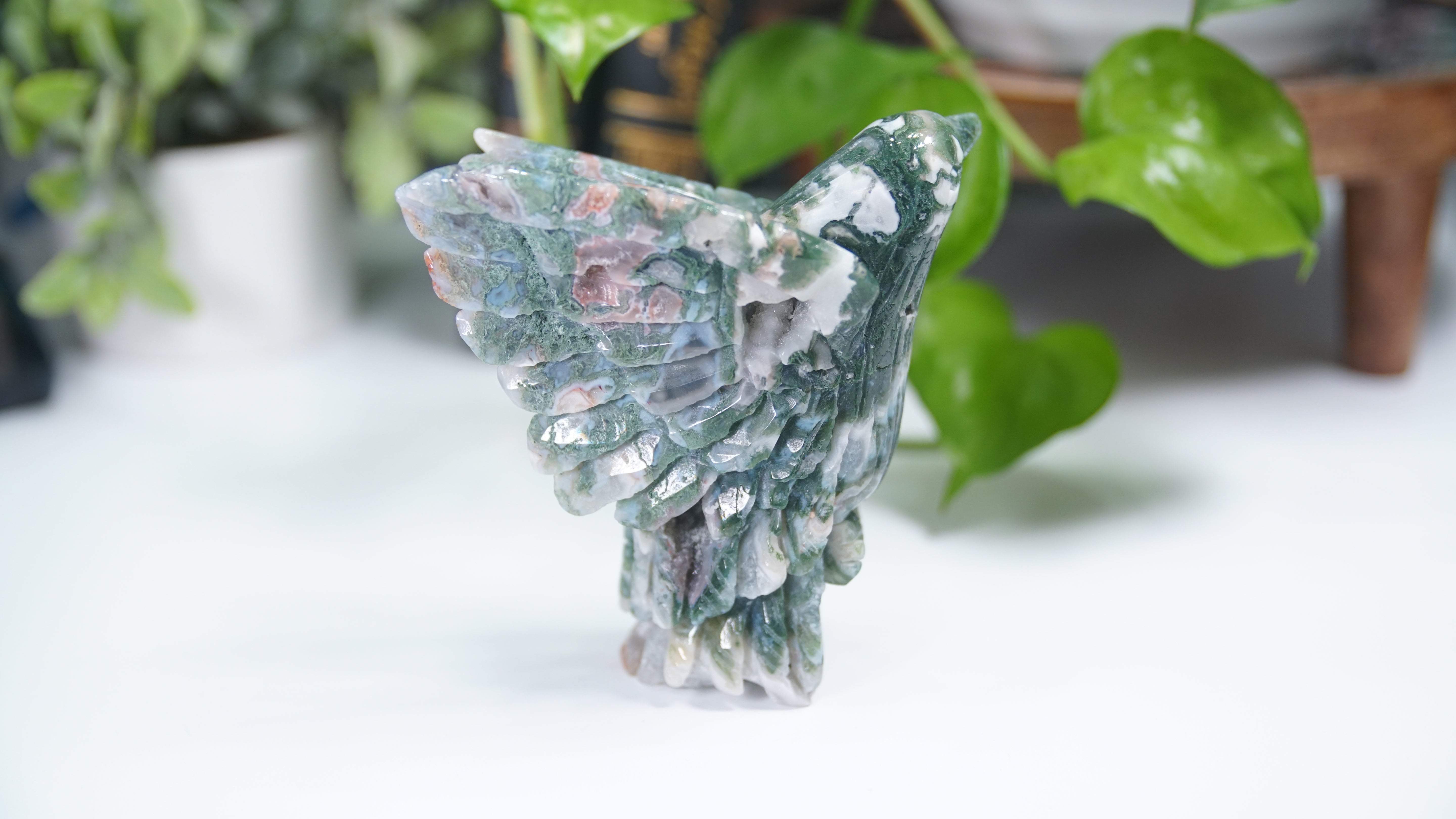 Pink Moss Agate Boutique Hummingbird Carving