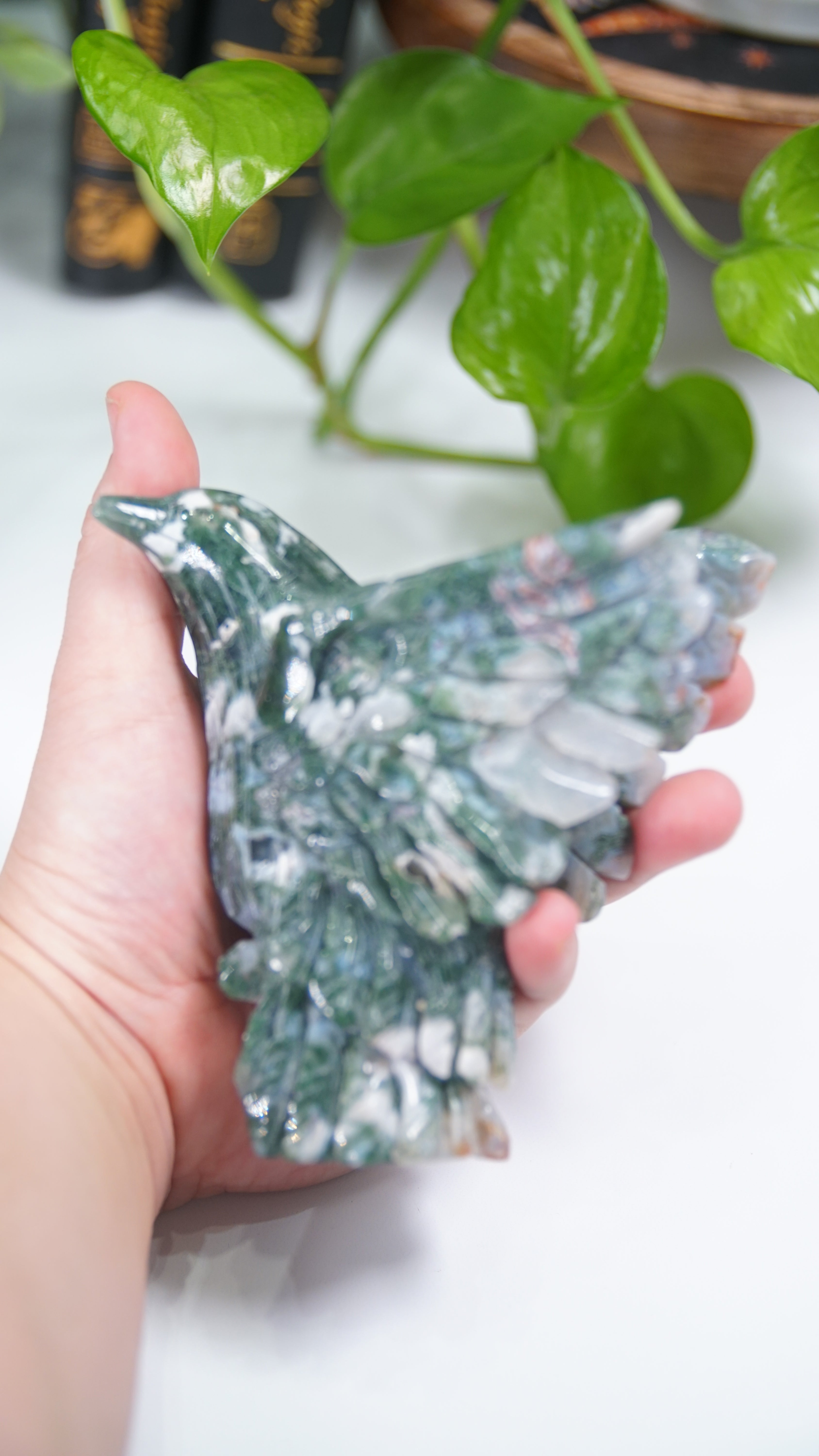 Pink Moss Agate Boutique Hummingbird Carving