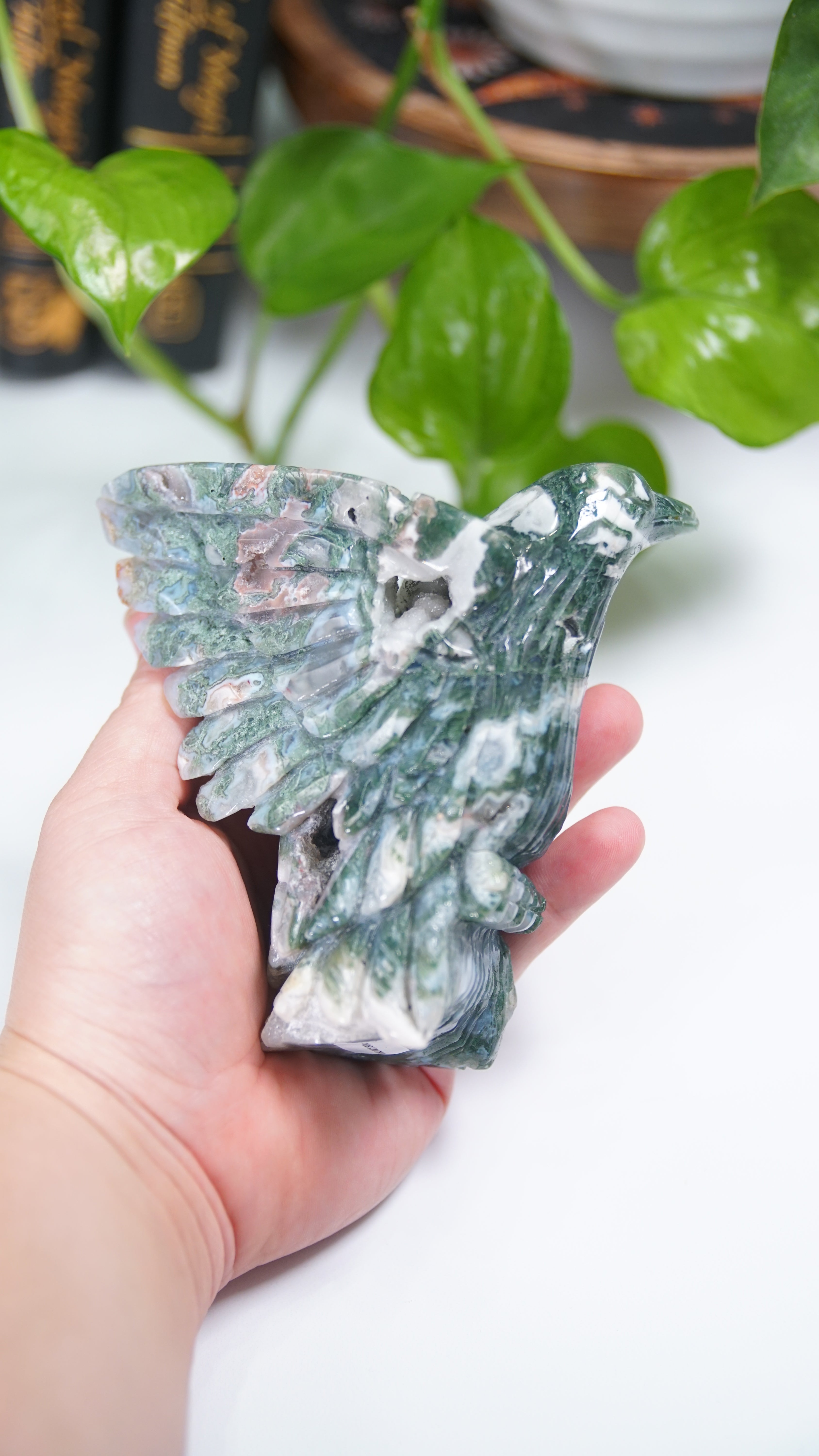 Pink Moss Agate Boutique Hummingbird Carving