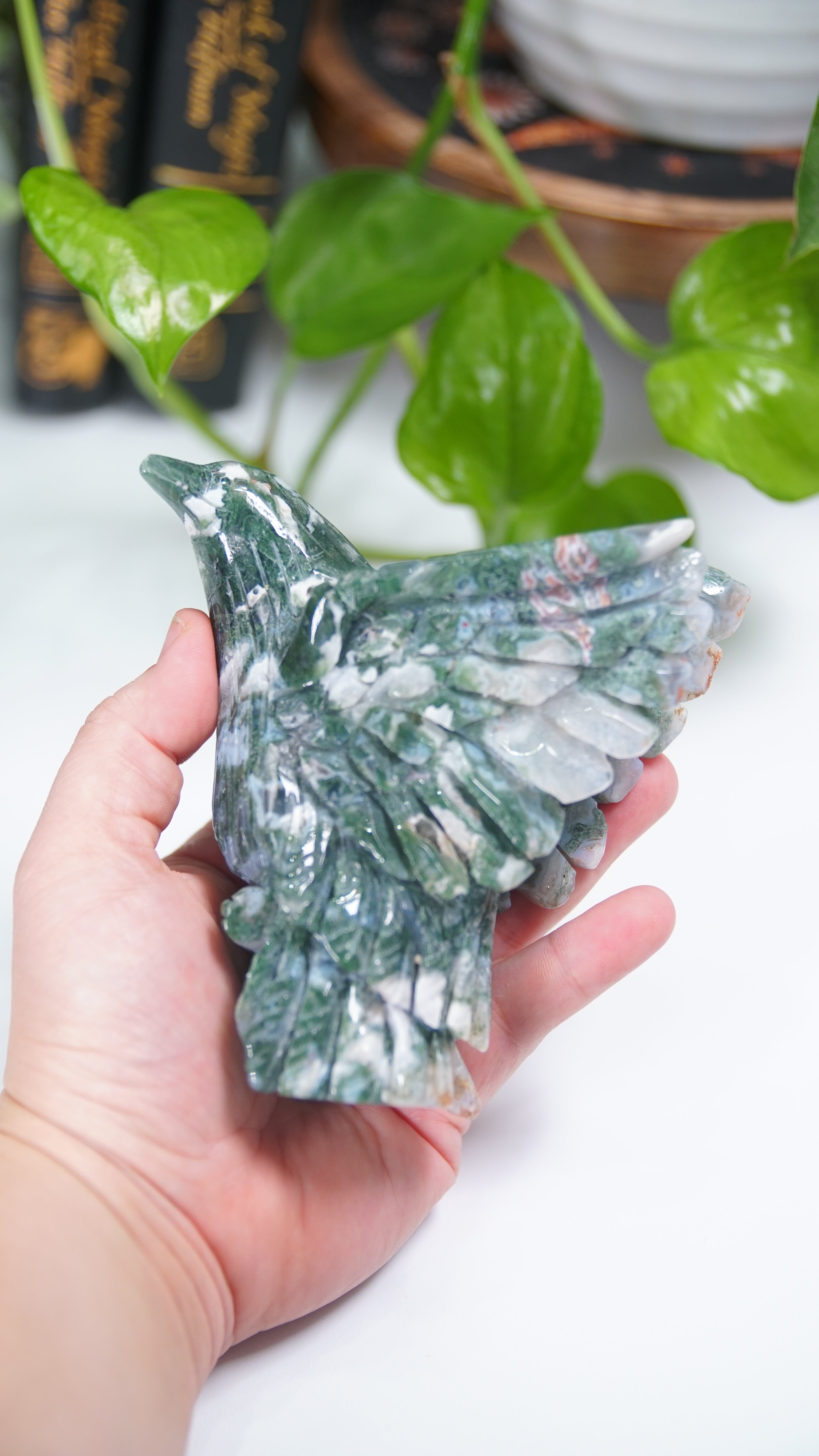 Pink Moss Agate Boutique Hummingbird Carving