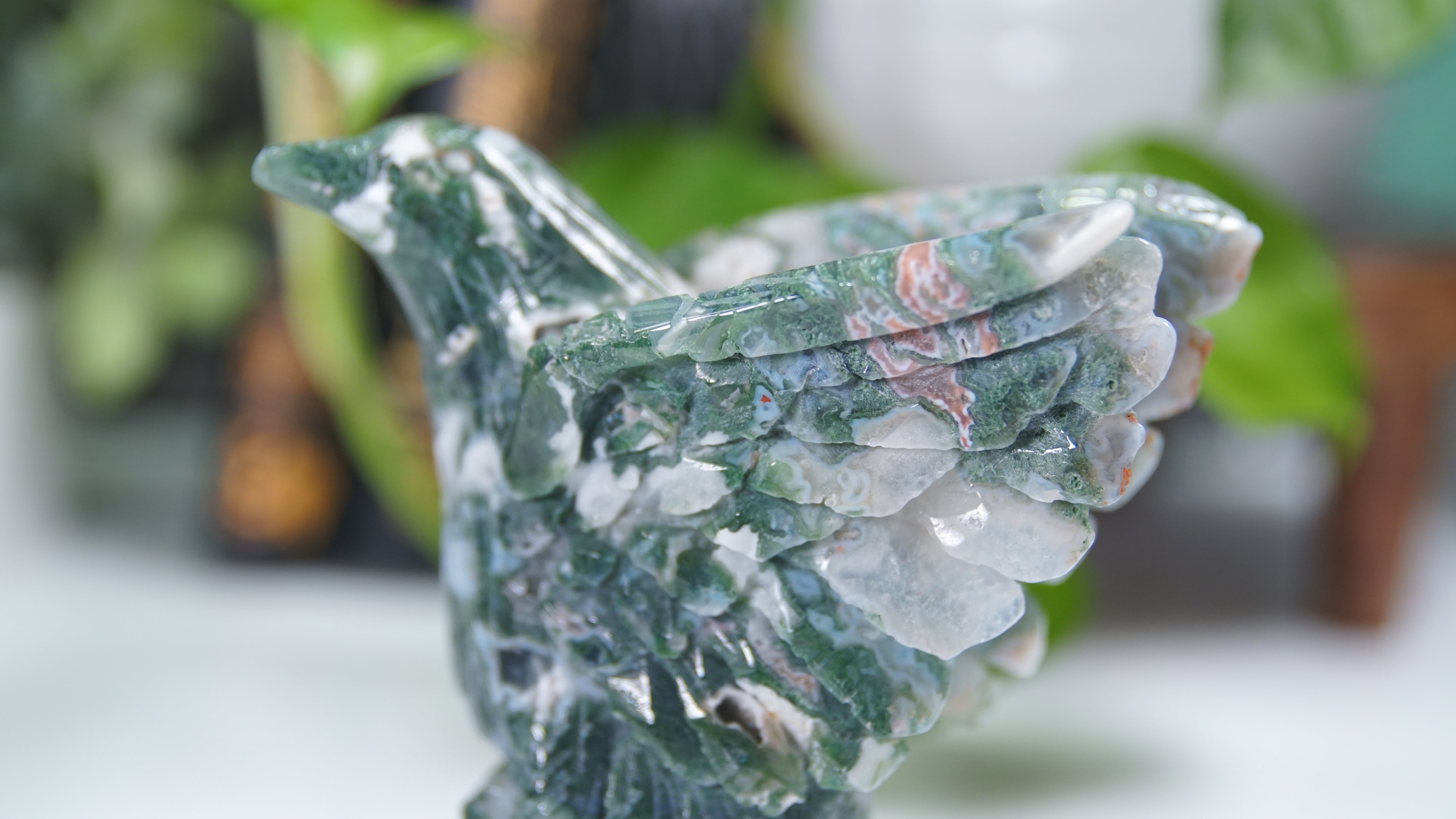 Pink Moss Agate Boutique Hummingbird Carving