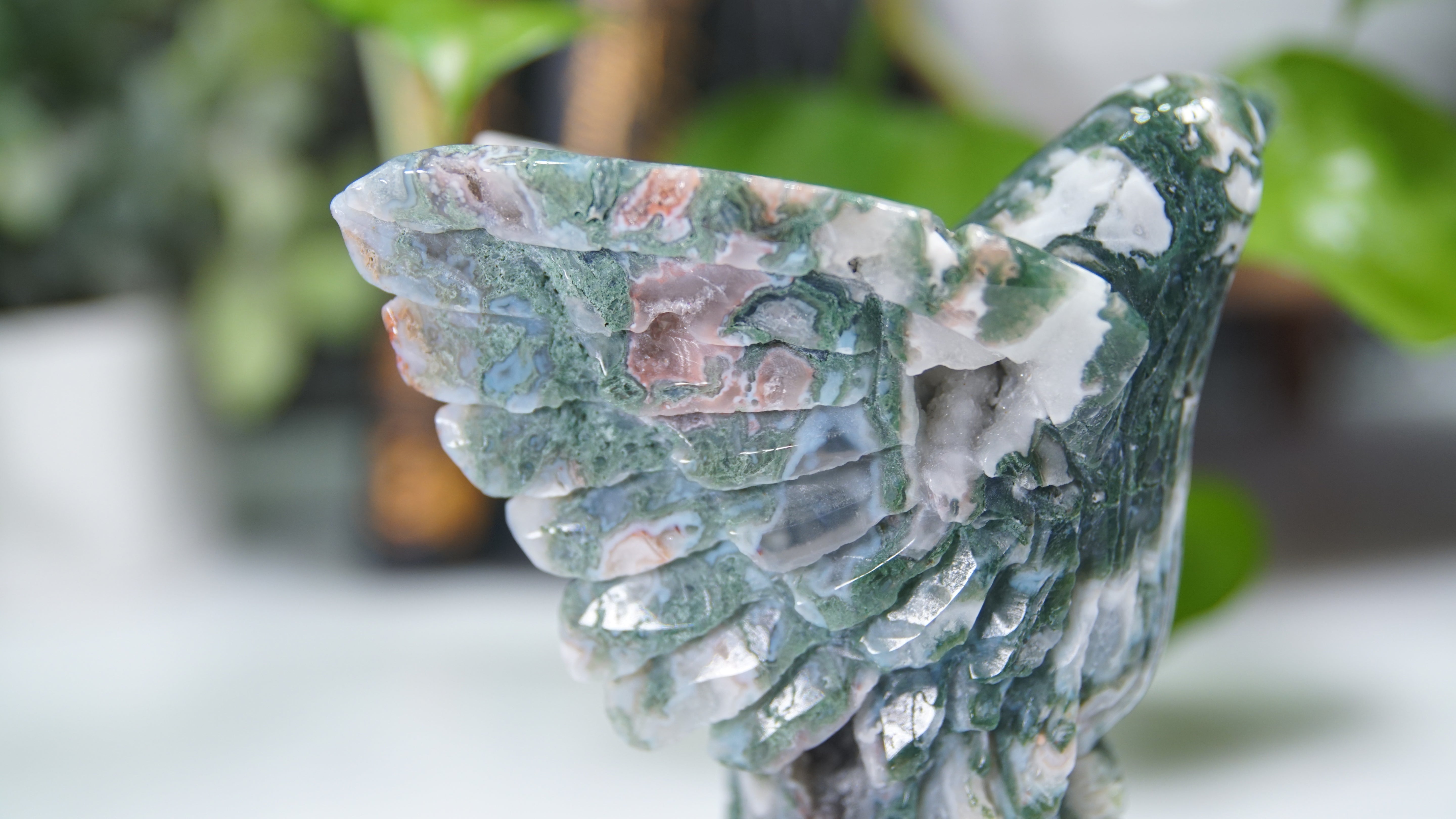 Pink Moss Agate Boutique Hummingbird Carving