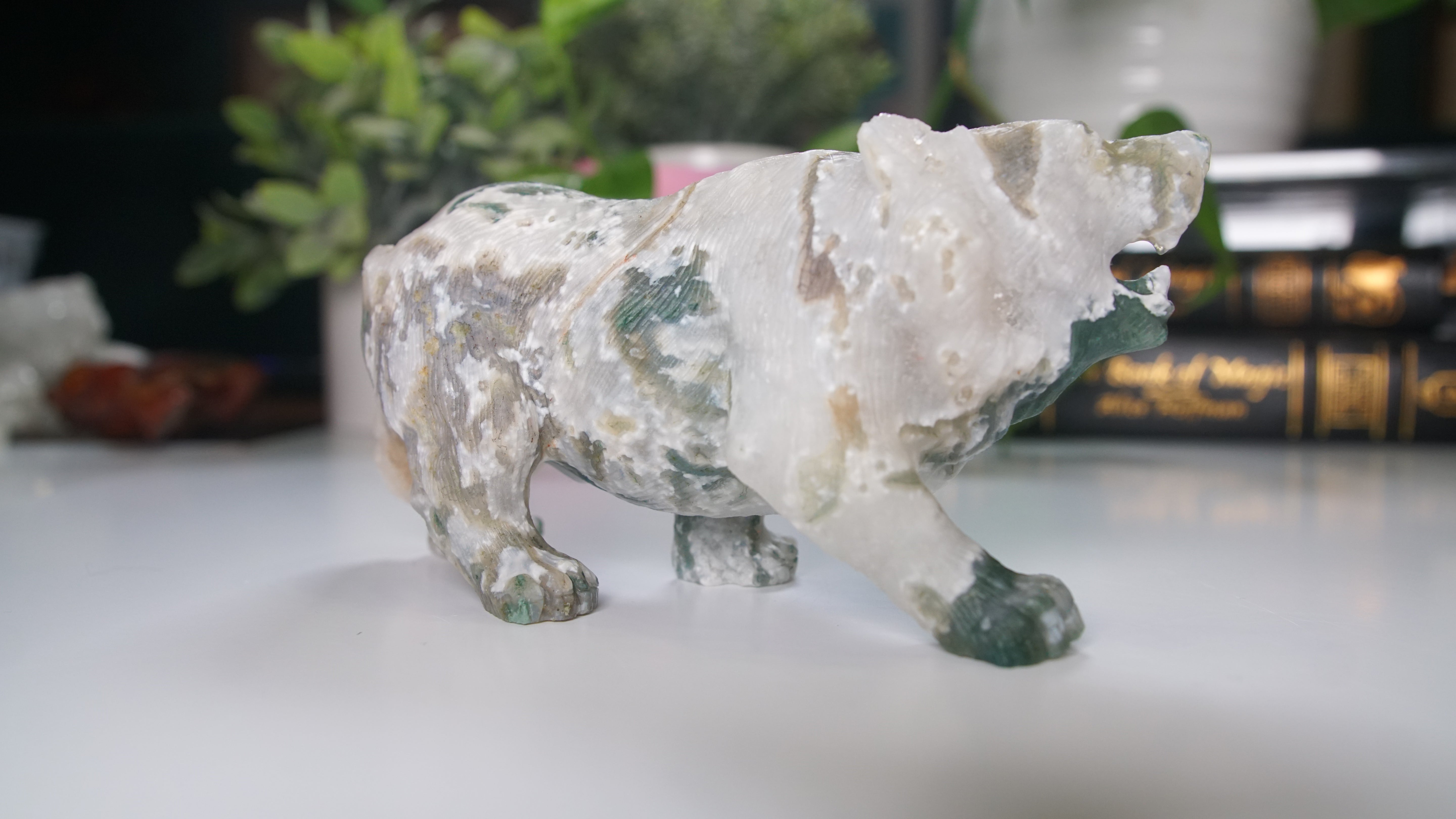 Druzy Moss Agate Boutique Wolf Carving | Crystal Carving Statement Piece | US Seller