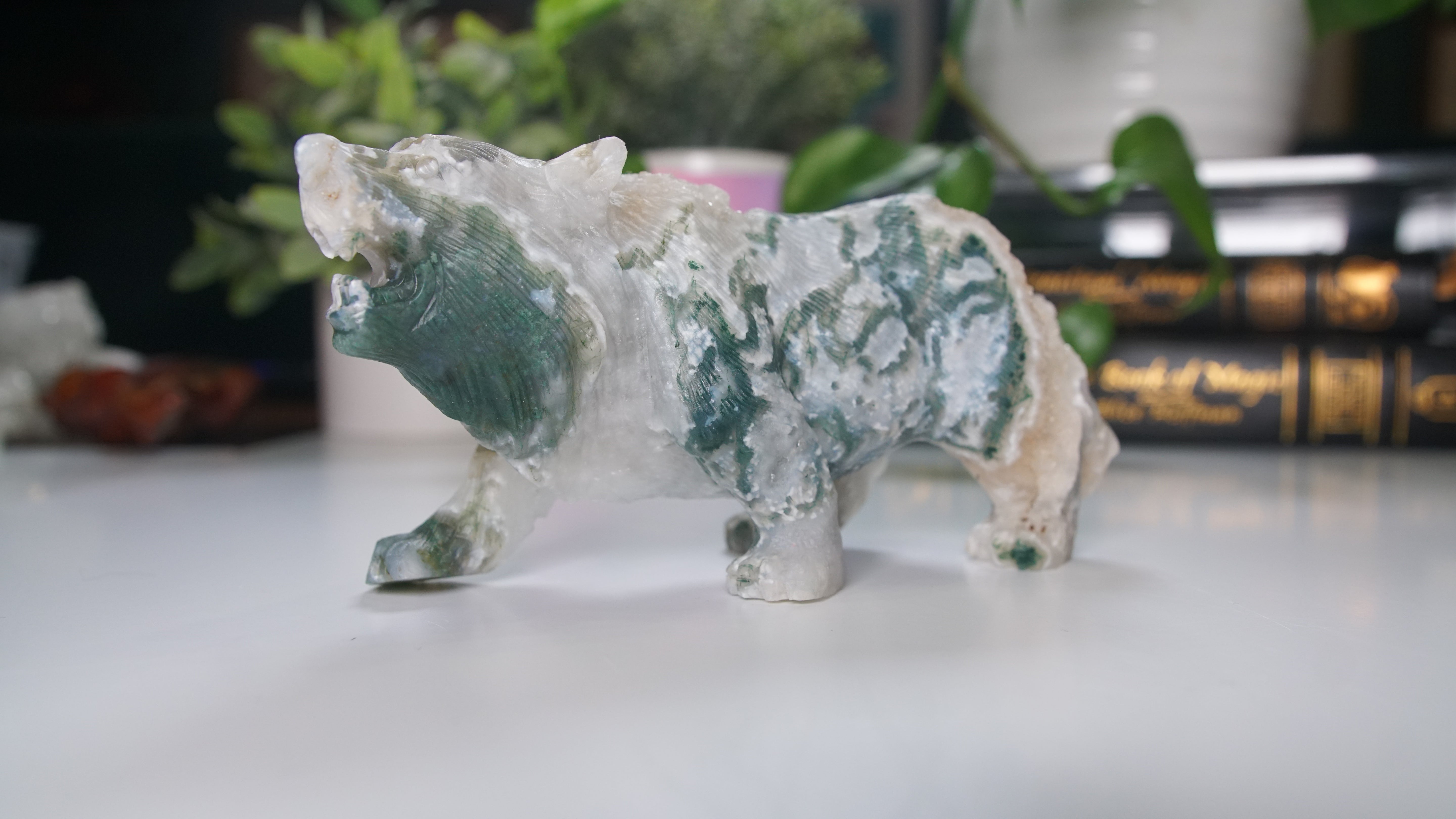 Druzy Moss Agate Boutique Wolf Carving | Crystal Carving Statement Piece | US Seller