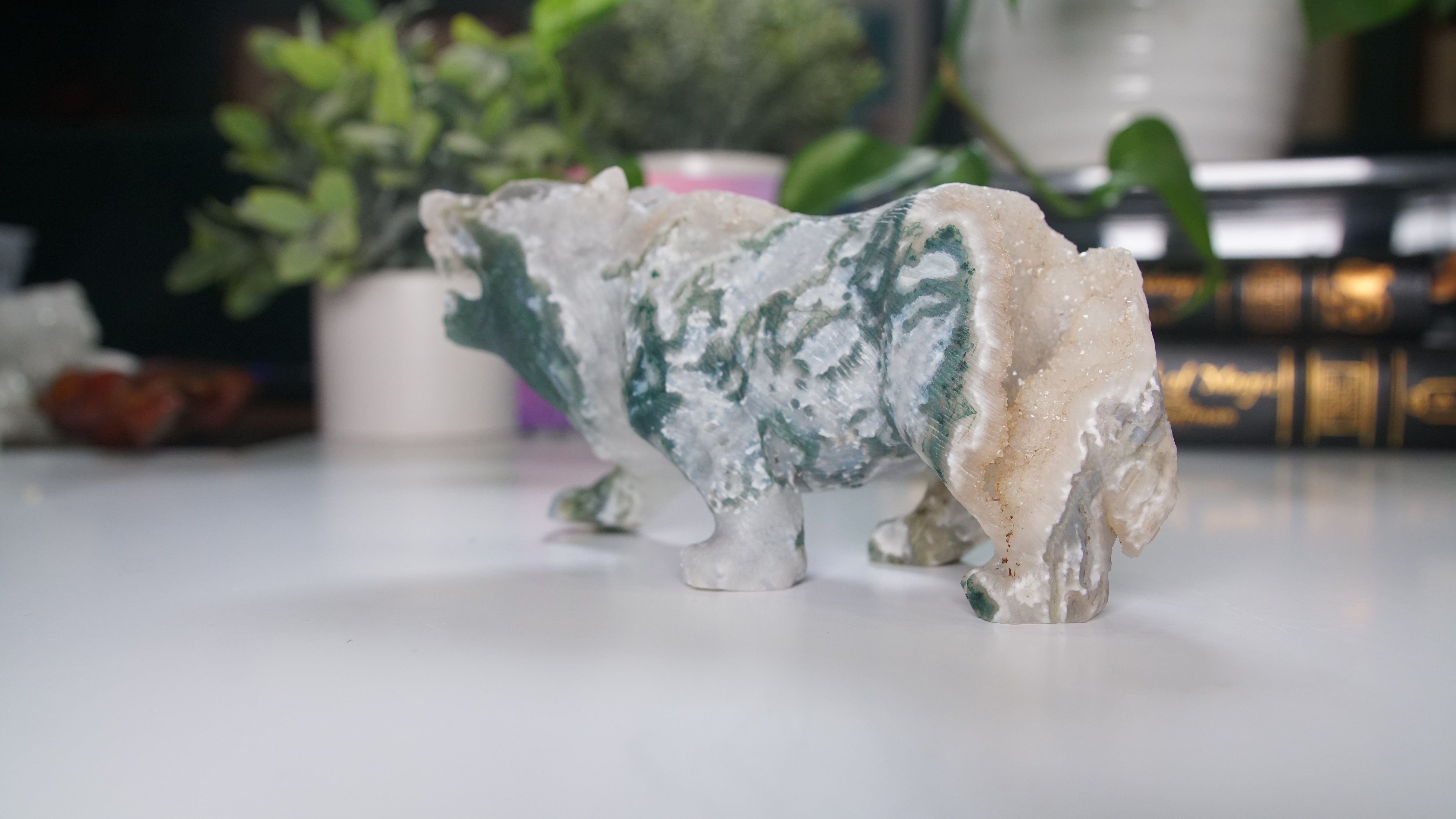 Druzy Moss Agate Boutique Wolf Carving | Crystal Carving Statement Piece | US Seller