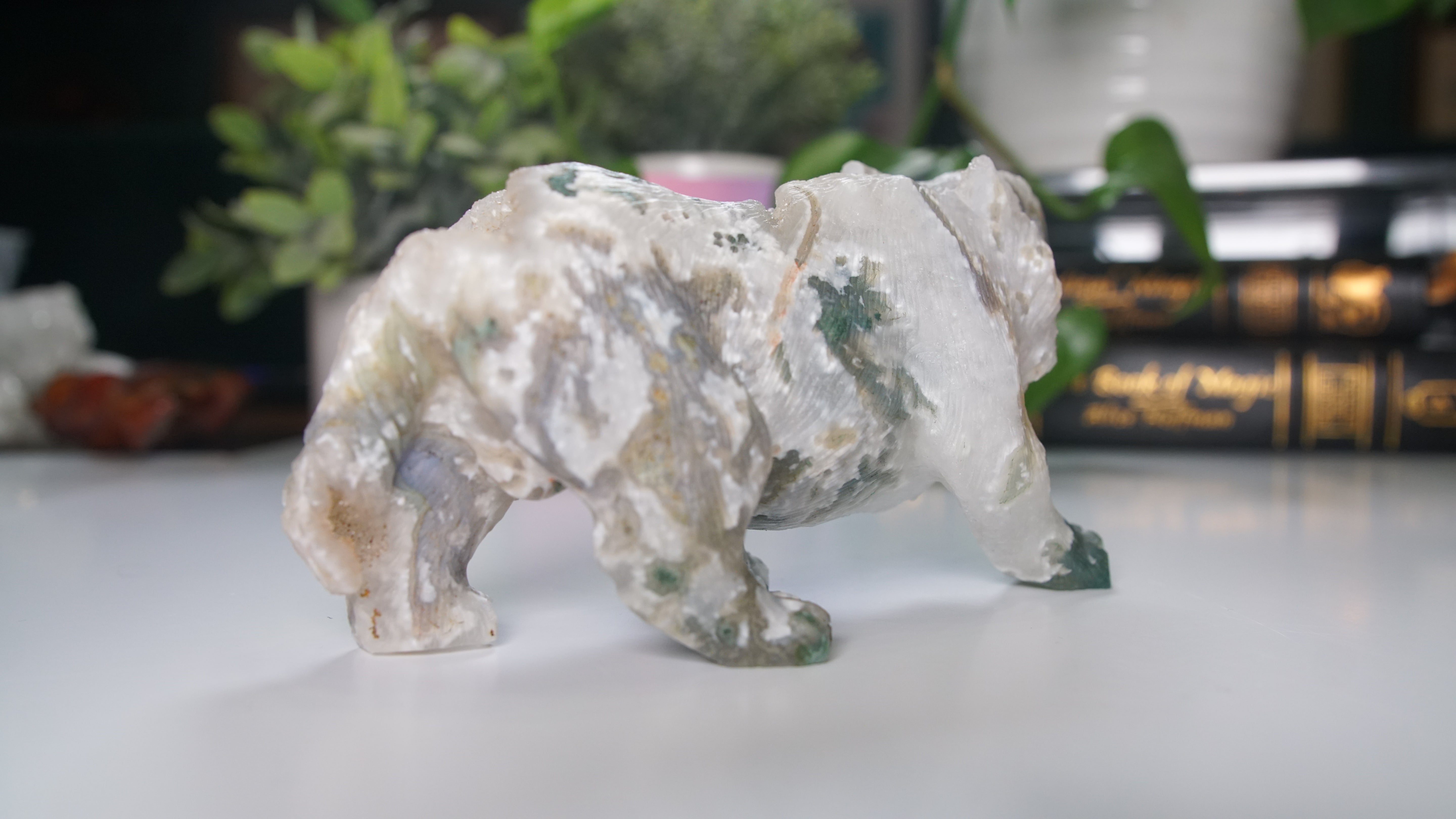 Druzy Moss Agate Boutique Wolf Carving | Crystal Carving Statement Piece | US Seller