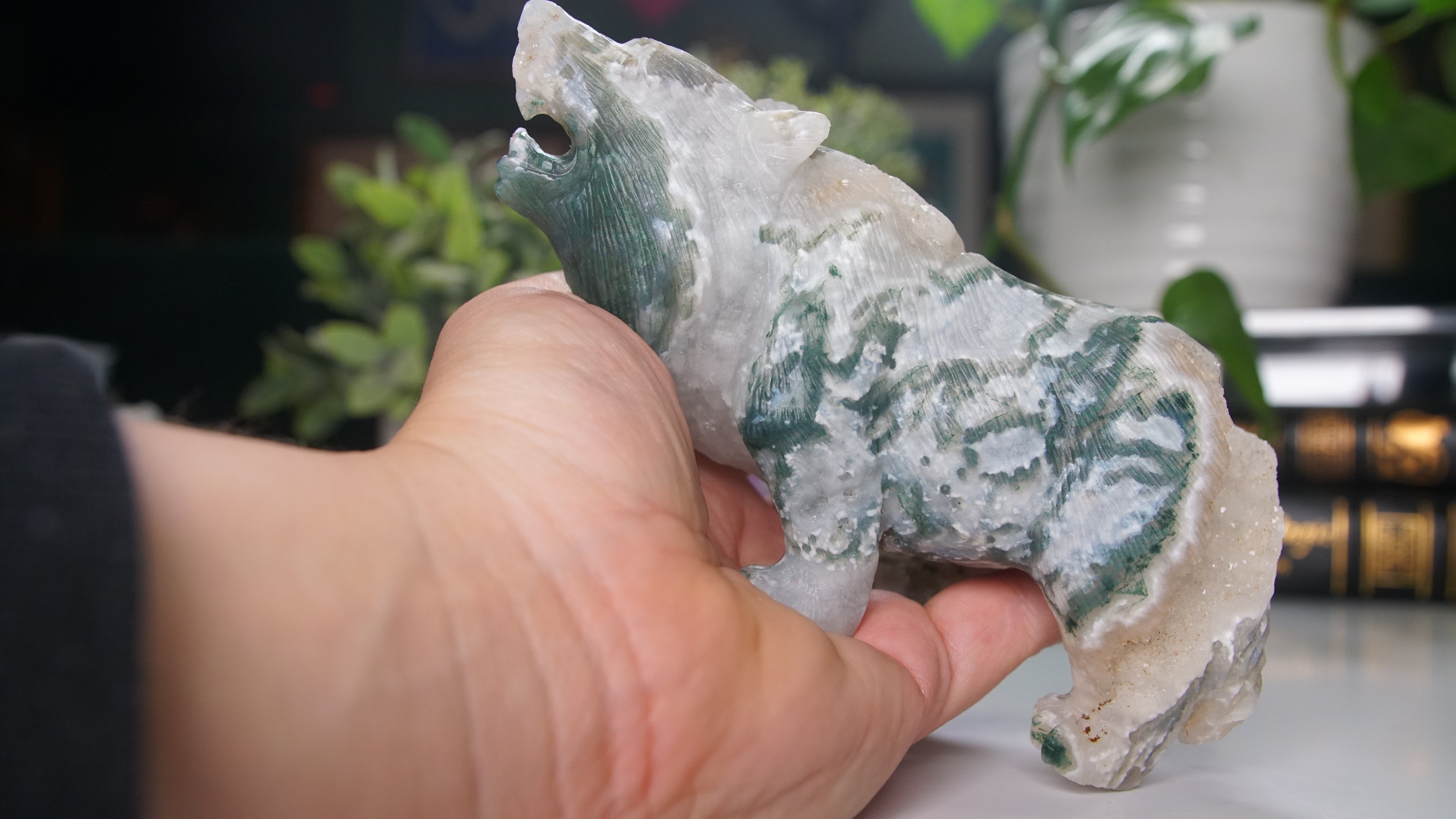 Druzy Moss Agate Boutique Wolf Carving | Crystal Carving Statement Piece | US Seller