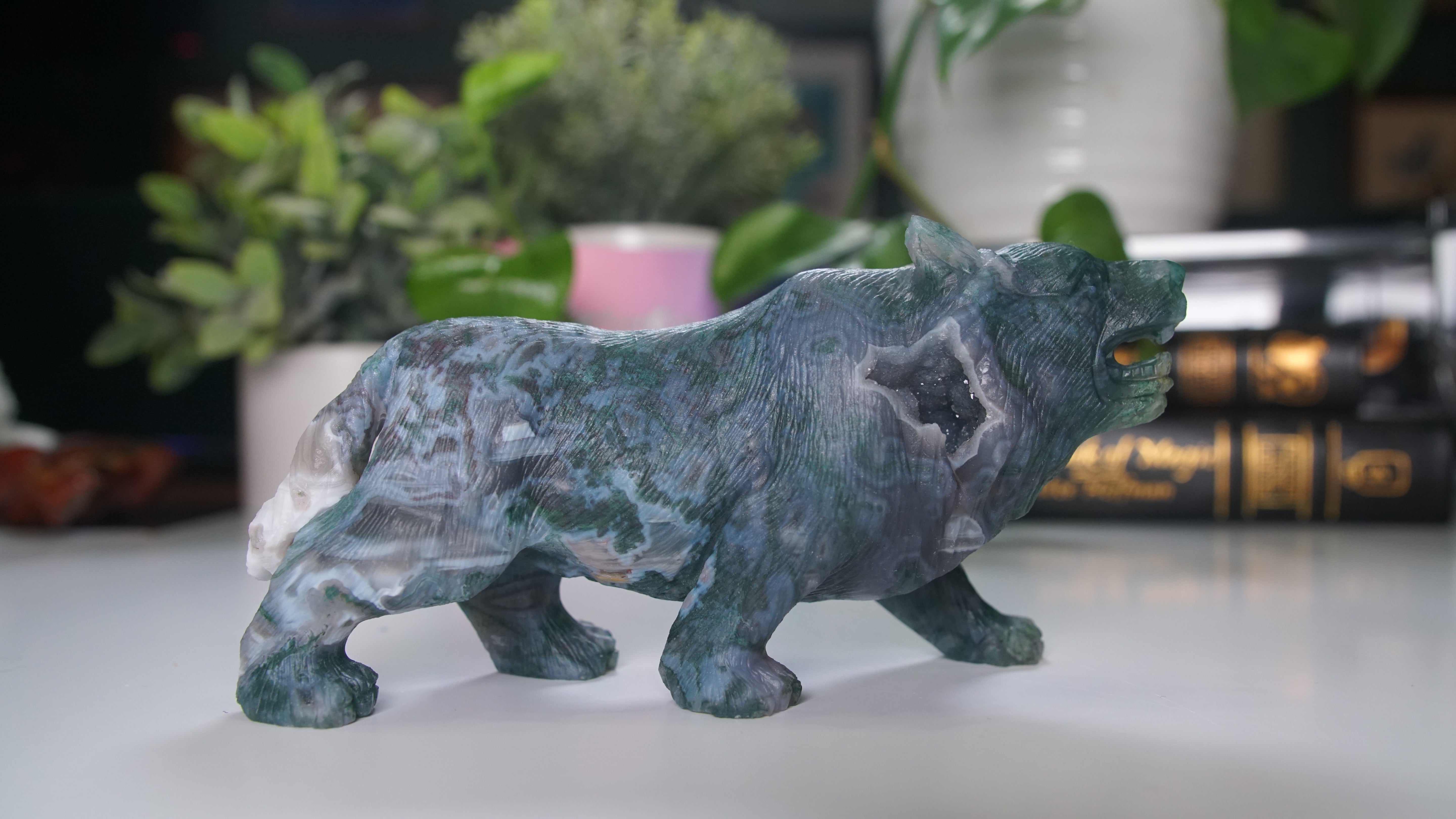 Druzy Moss Agate Boutique Wolf Carving | Crystal Carving Statement Piece | US Seller