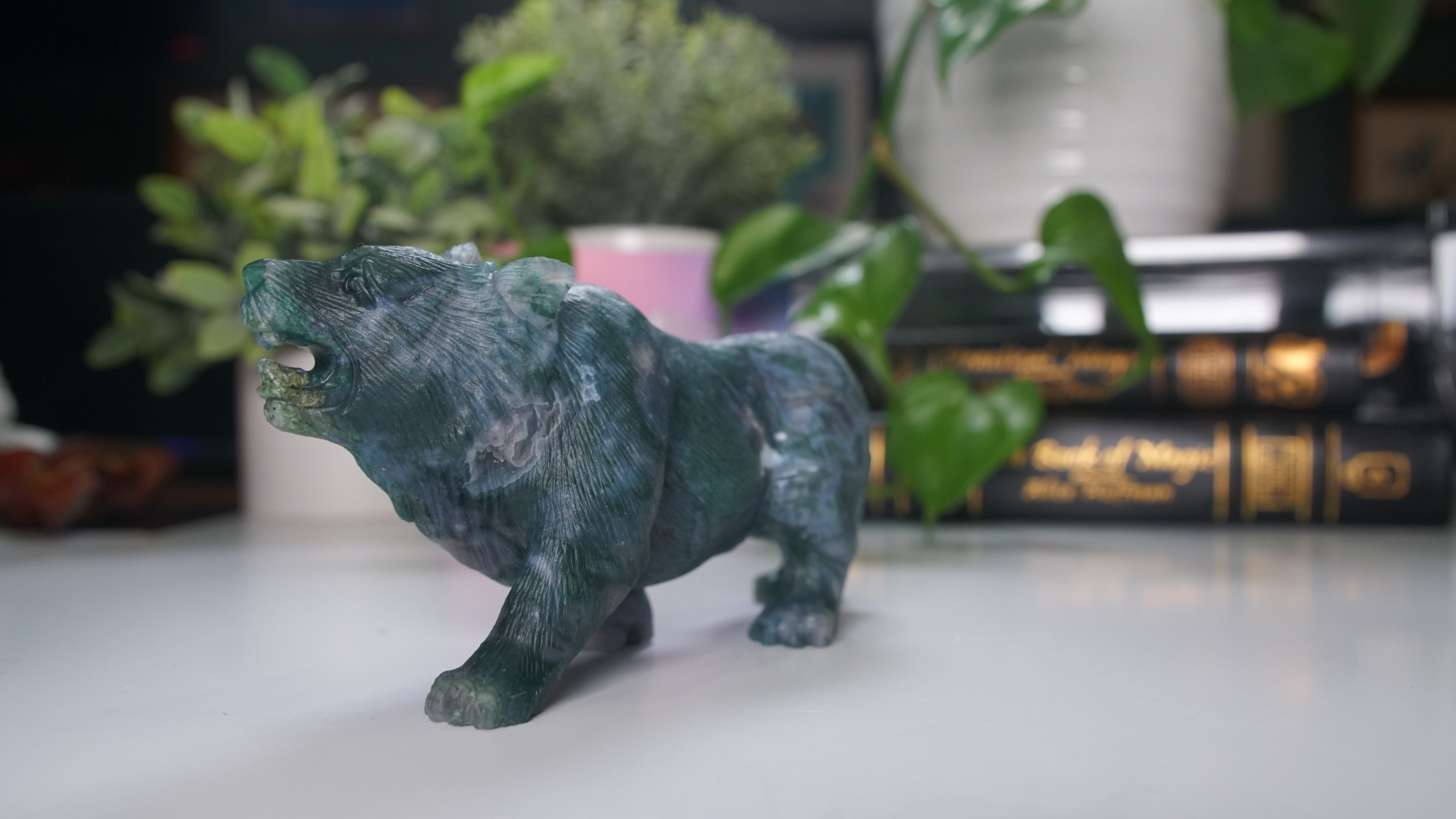Druzy Moss Agate Boutique Wolf Carving | Crystal Carving Statement Piece | US Seller